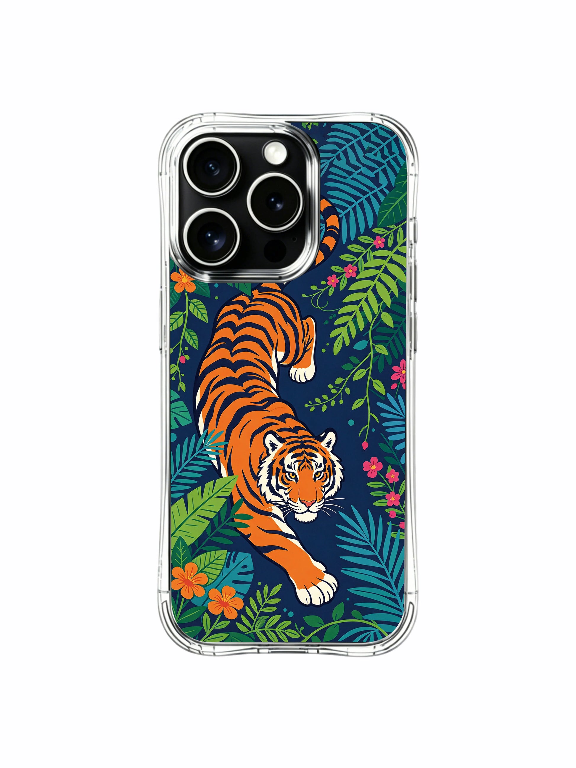 Balance of wild danger & thriving tropical life tiger art iPhone 13 pro Case from PhoneCasing, colorful blooming garden themed phone cover, talisman-style wearable art premium phone casing