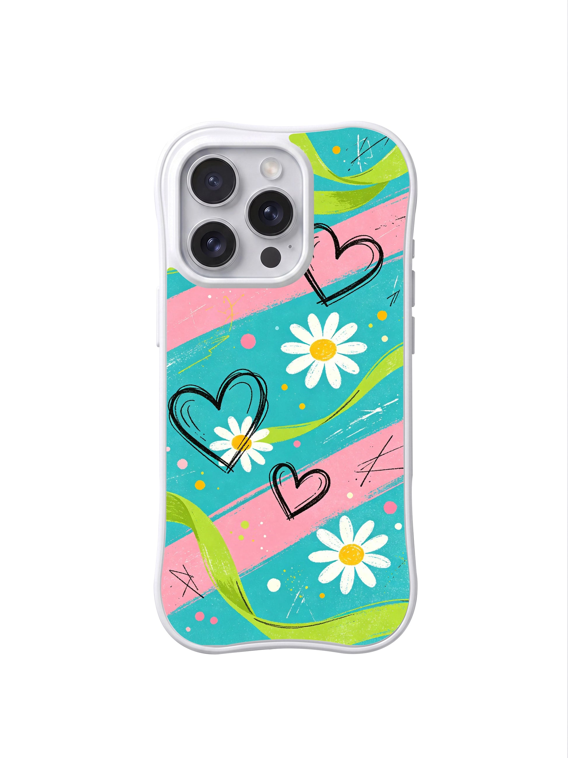 PhoneCasing iPhone 16 pro Case with weightless breezy summer picnic vibe cream daisies floating on electric turquoise pastel streaks, Ruby Daze original fresh street pop art, premium print casing crafted in California.