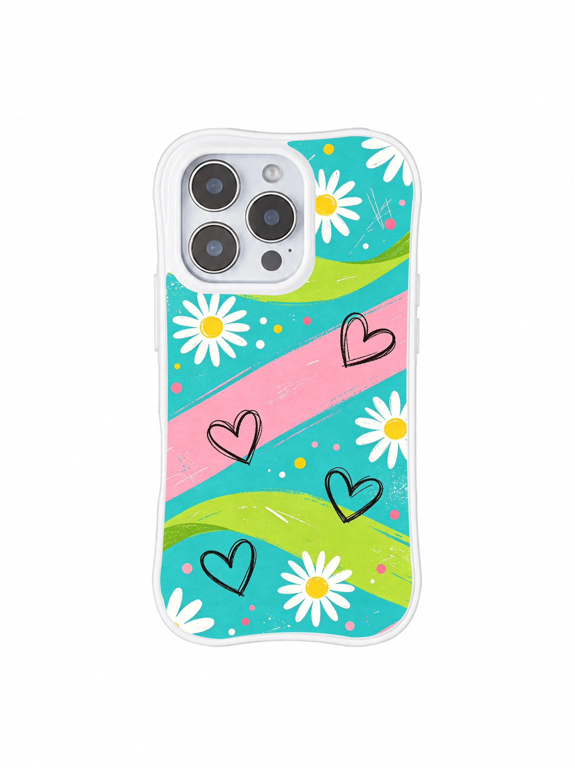 PhoneCasing iPhone 16 pro Case with weightless breezy summer picnic vibe cream daisies floating on electric turquoise pastel streaks, Ruby Daze original fresh street pop art, premium print casing crafted in California.