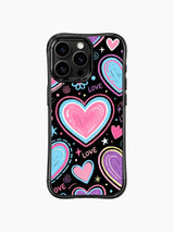 PhoneCasing iPhone 13 Pro Max cover with pastel LOVE handwriting mixed with bubblegum floating hearts, soft joyful pop art casing.