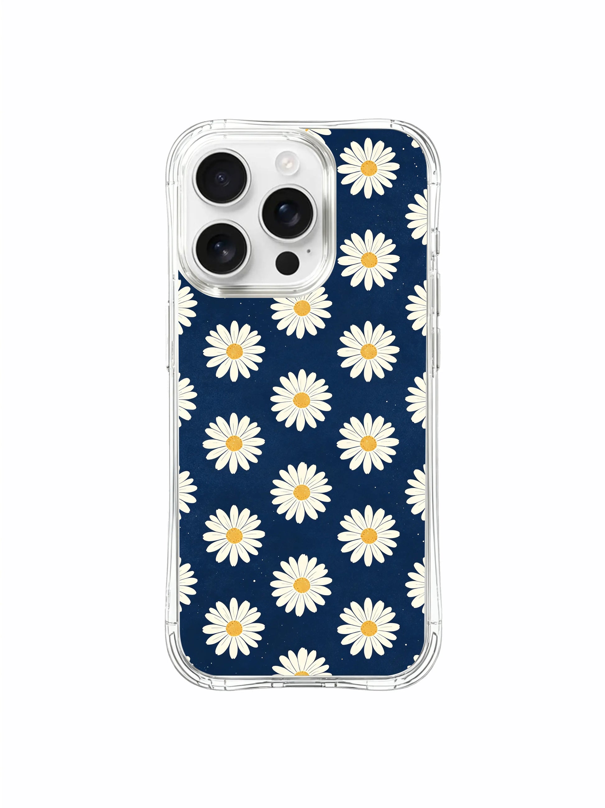 PhoneCasing iPhone 16 Pro Max Case showcasing Light Petals Night design, airy white daisies floating on a deep, calm blue base.