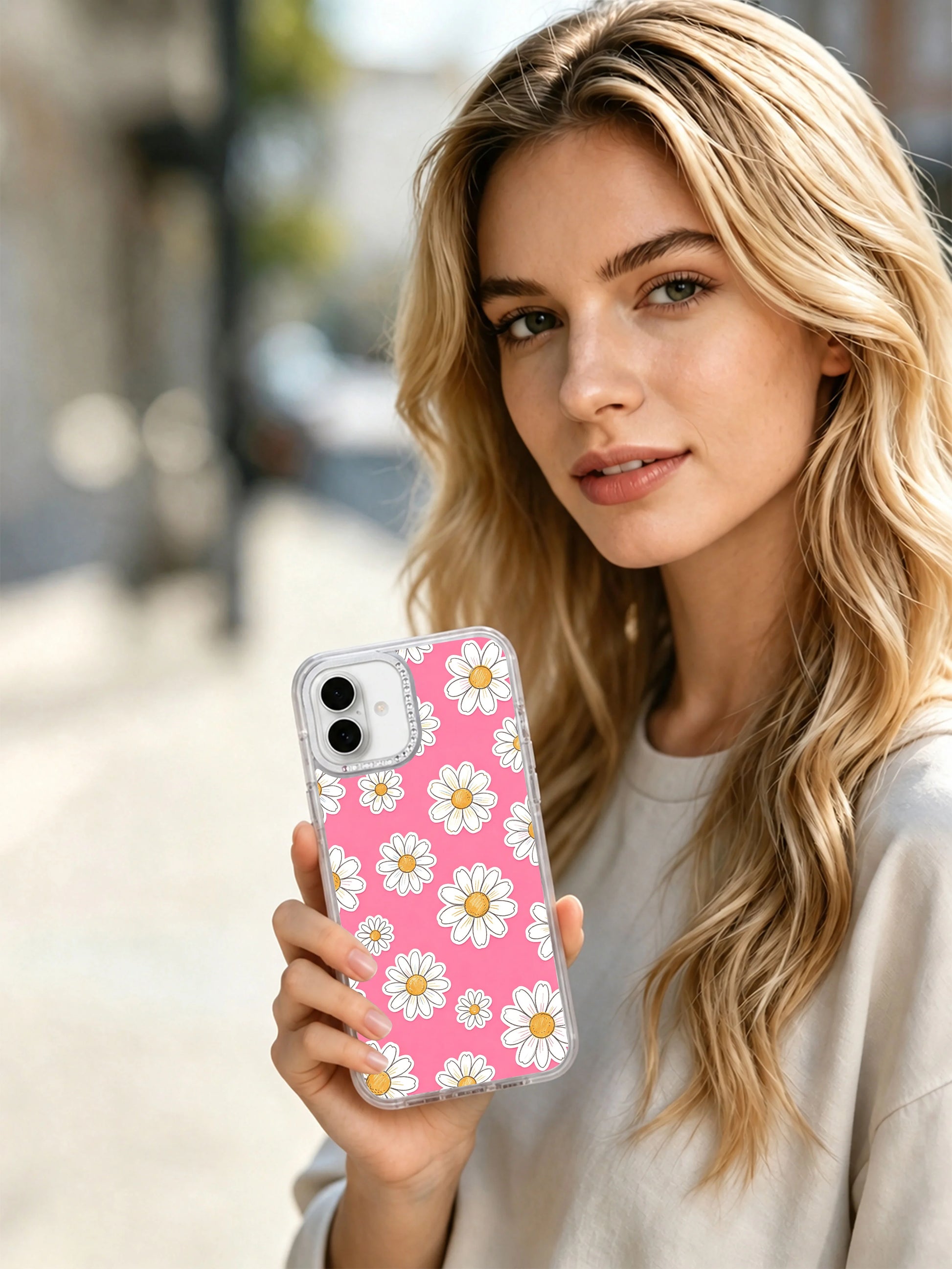 PhoneCasing uplifting lighthearted self-care floral iPhone 17 casing for women, Solea Meadow Pink Joy Daisy Field loose daisy blooms that represent effortless joy, carefree summer days and soft youthful feminine charm.