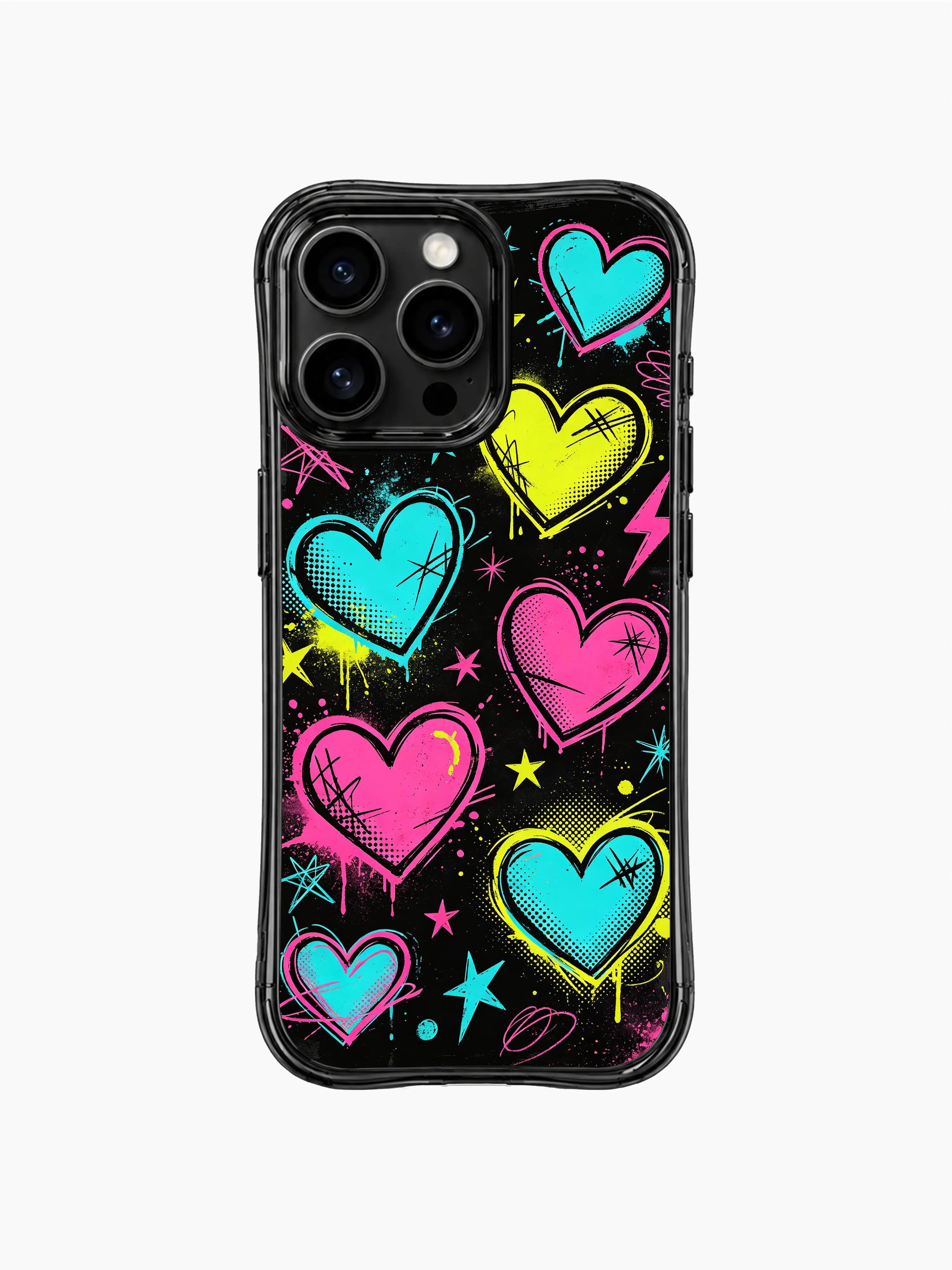 PhoneCasing iPhone 13 Pro Max casing filled with lightning bolts, sketch stars and dripping punk hearts, vibrant neon alternative fashion phone case.