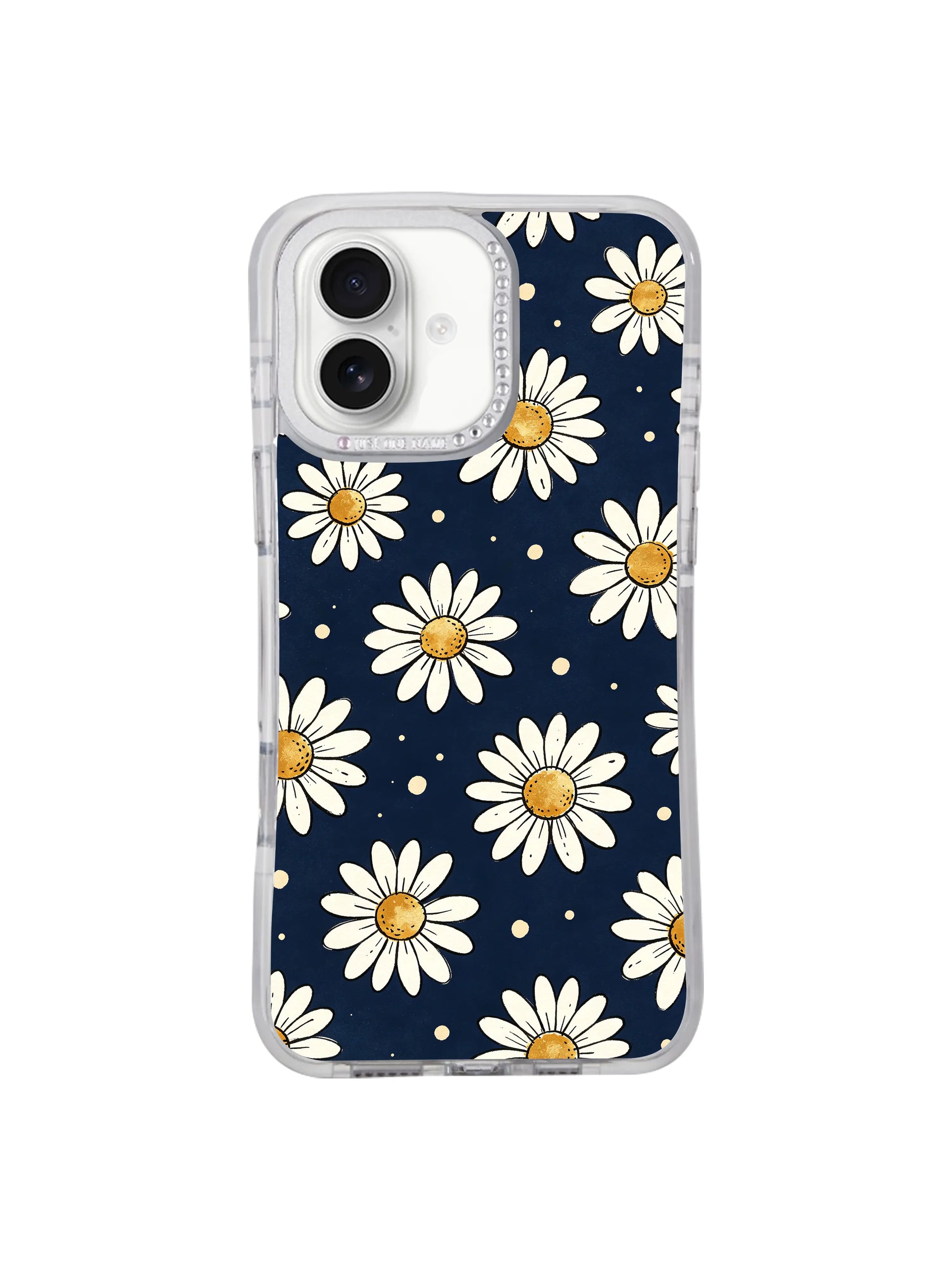 PhoneCasing limited-edition exclusive collab iPhone 17 casing Midnight Daisy Drift, original hand-drawn daisy illustration from top global illustrator Solea Meadow, unique non mass-produced design for sophisticated women.
