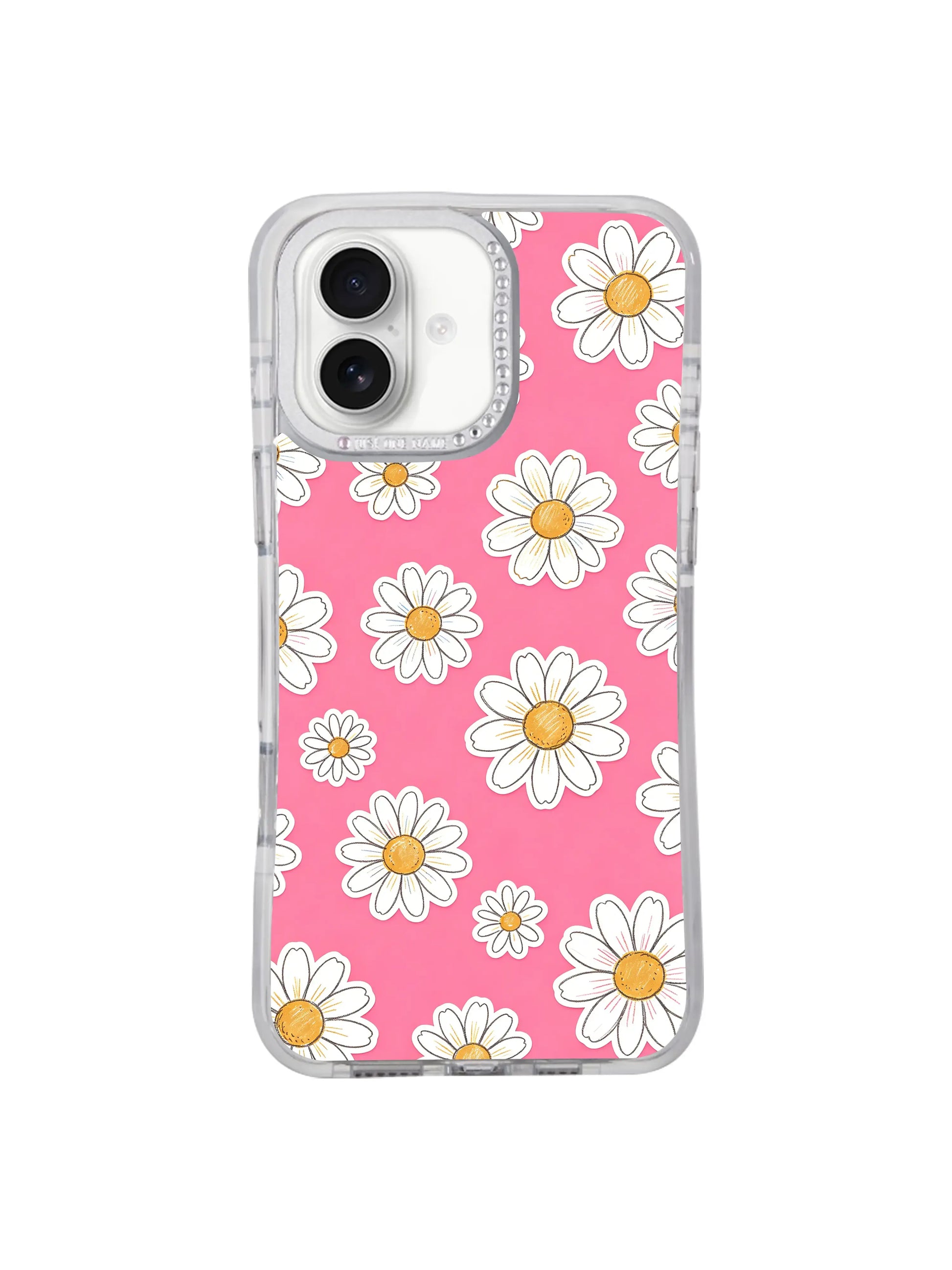 PhoneCasing limited-edition exclusive collab iPhone 17 casing Pink Joy Daisy Field, original hand-drawn daisy illustration from top global floral illustrator Solea Meadow, unique non mass-produced design for sophisticated feminine shoppers.