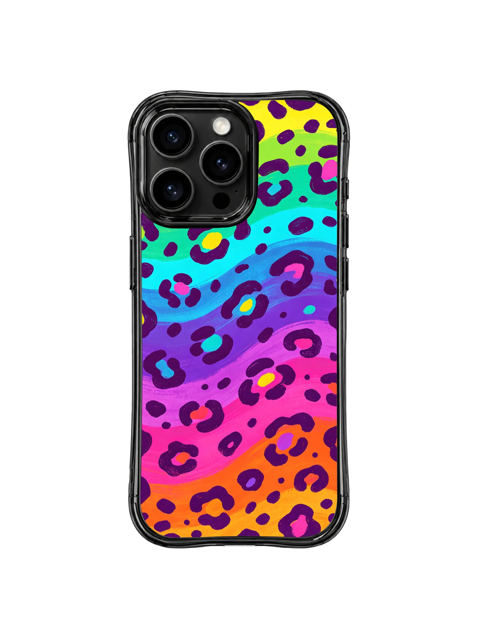 Limited exclusive artist collaboration neon wander rainbow leopard iPhone 14 Pro Case by PhoneCasing x Roxy Wildhart, unapologetic bright neon wild animal print collectible fashion iPhone 14 Pro casing for teens & young adults