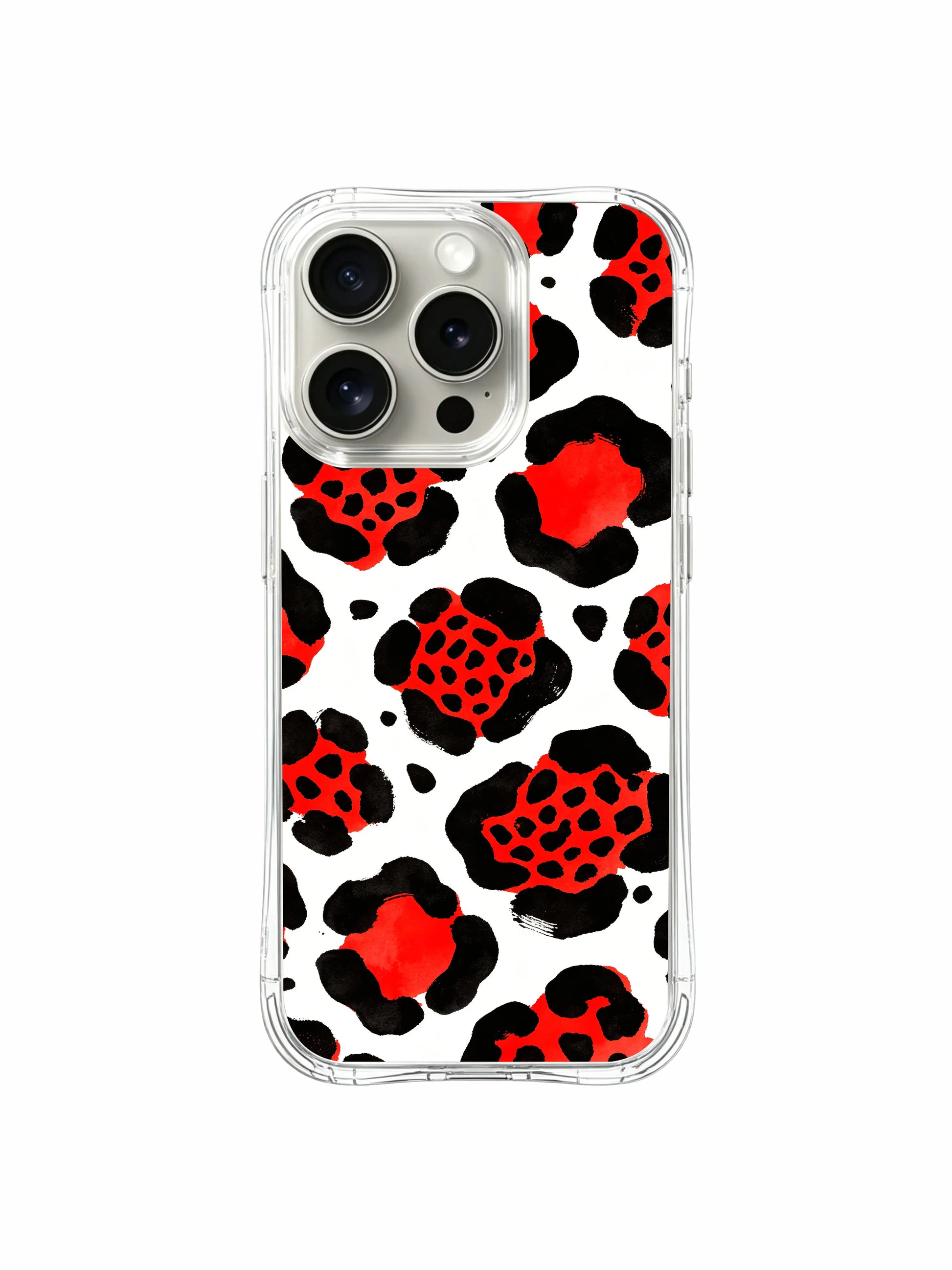 Limited exclusive artist collaboration red berry leopard iPhone 14 Pro Case by PhoneCasing x Roxy Wildhart, striking high-contrast scarlet & black wild print collectible fashion phone casing
