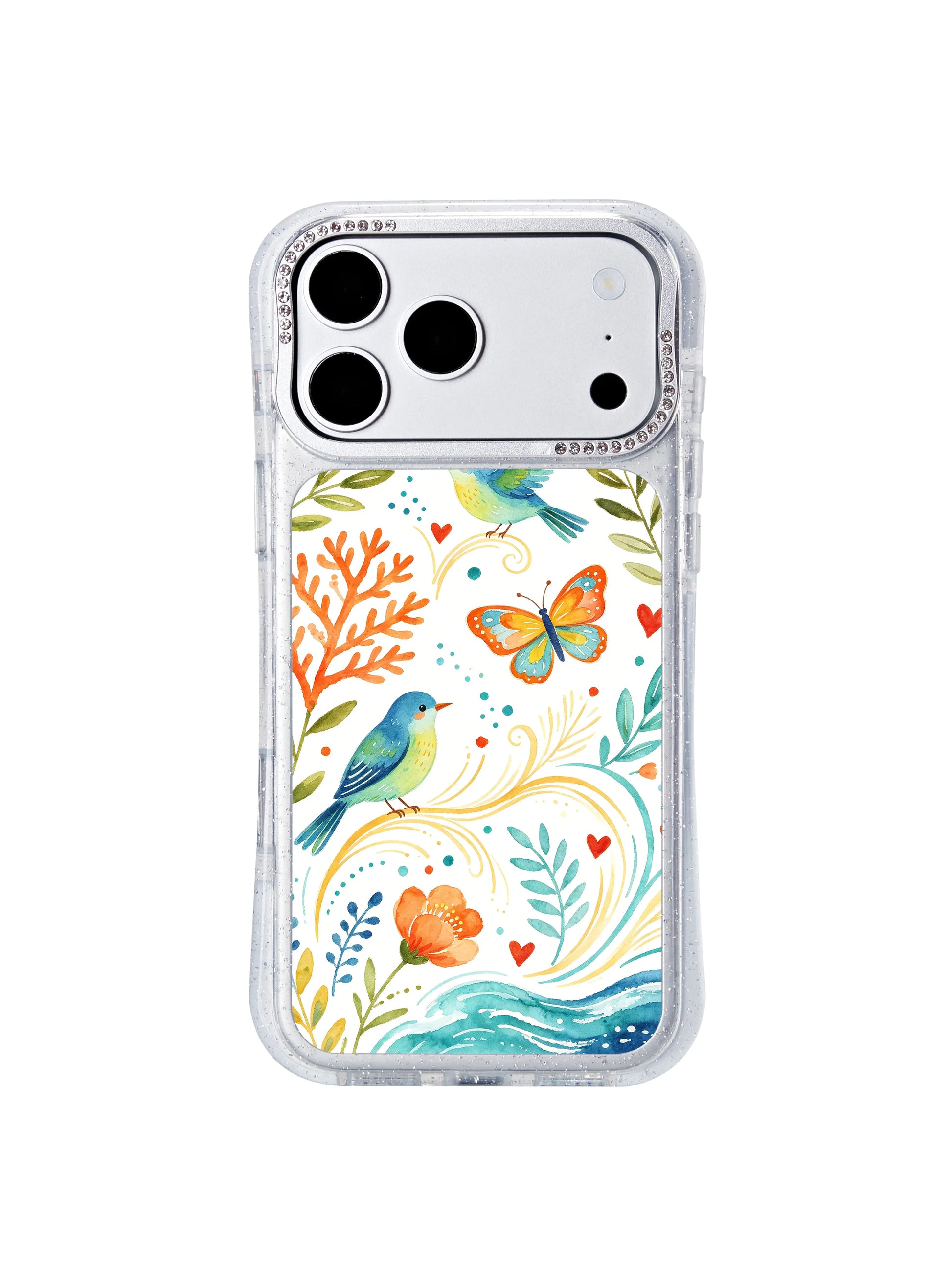 PhoneCasing limited artist run iphone 17 pro Max case flat lay overhead shot, full hourglass frame display, ocean wind swirl motifs paired with orange coral branches and soft spring floral clusters.
