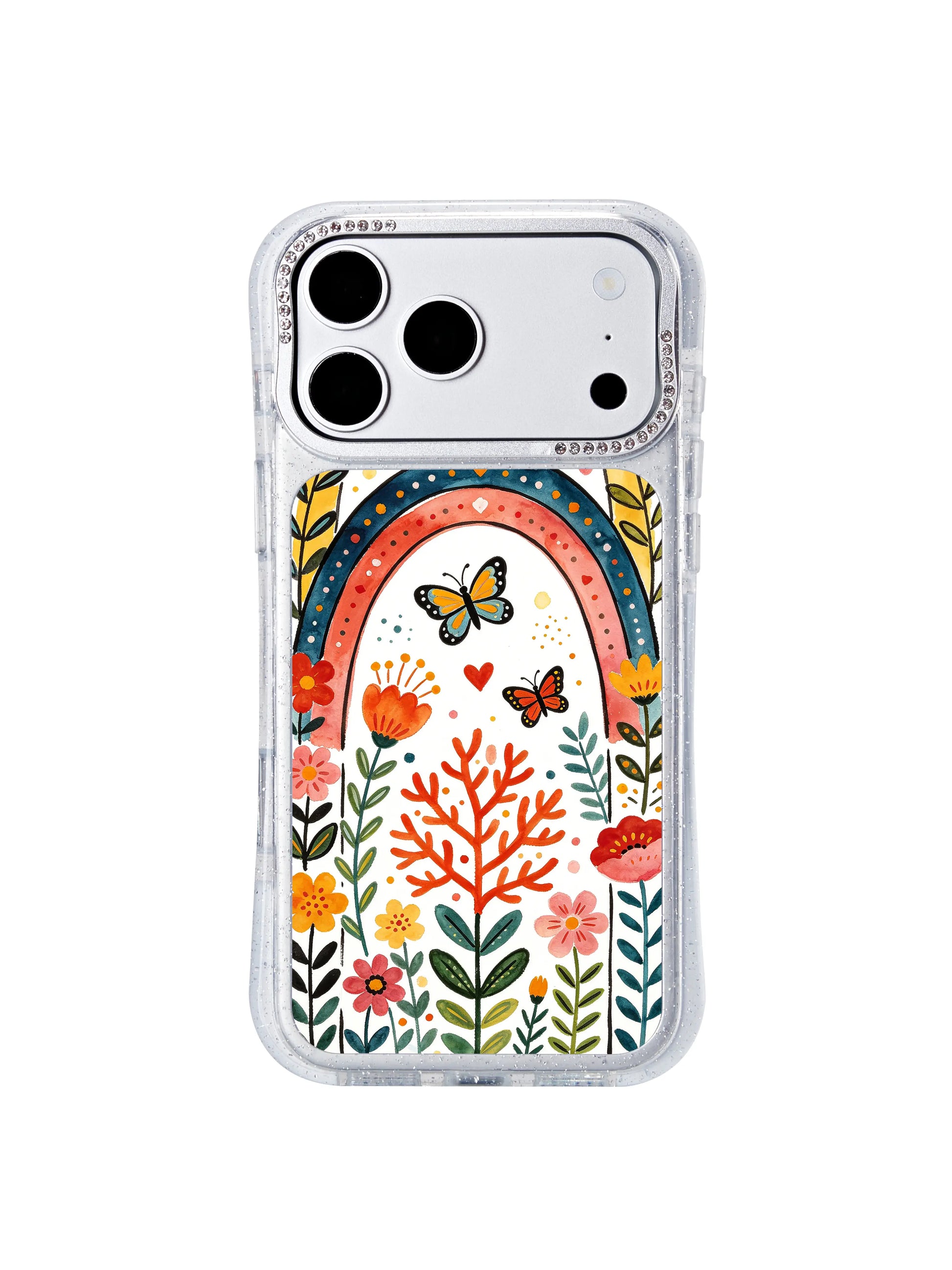 PhoneCasing limited artist-run iphone 17 pro Max case overhead flat lay shot, full hourglass frame display, symmetrical rainbow arch layout paired with lush seasonal floral clusters and hand-drawn butterfly details.