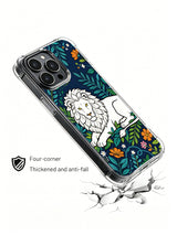 White lion among hibiscus and palm leaves artwork on an iPhone 13 Pro case