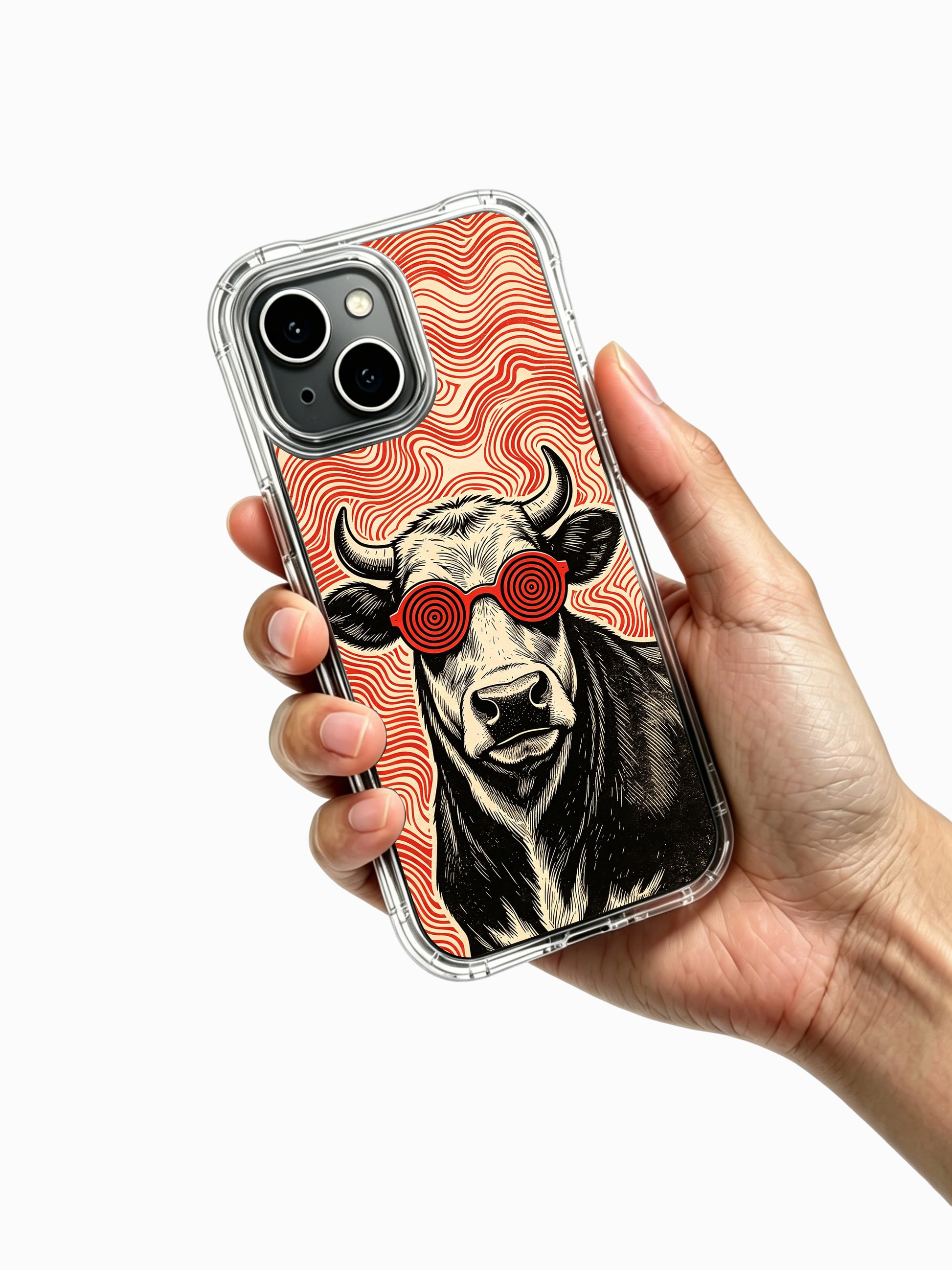 Limited-run Hypnotic Party Cow fine art PhoneCasing iPhone 13 Case, bespoke global artist collaboration wearable art cover customized for US art enthusiast shoppers.