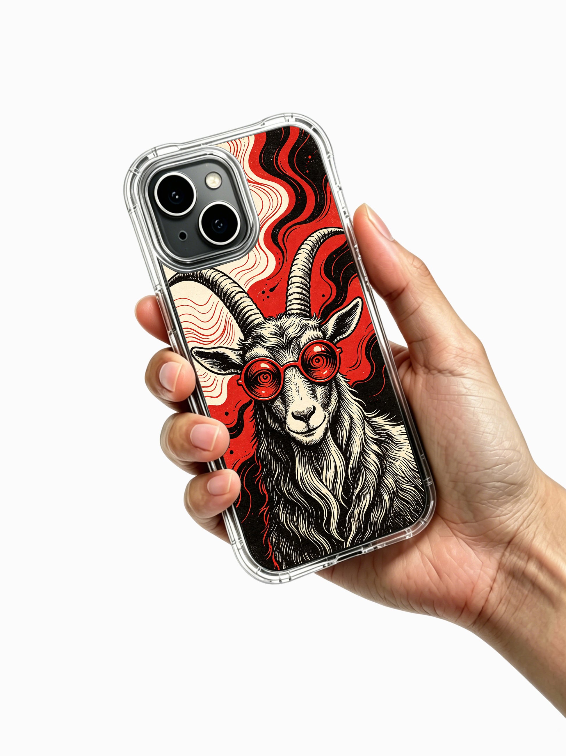 Limited-run Red Frequency Goat fine art PhoneCasing iPhone 13 Case, bespoke global artist collaboration wearable art cover customized for American art enthusiast shoppers.