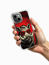 Red-lens rock boar illustration artwork on an iPhone 13 case