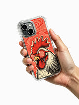 Red-lens dawn rock rooster artwork on an iPhone 13 case