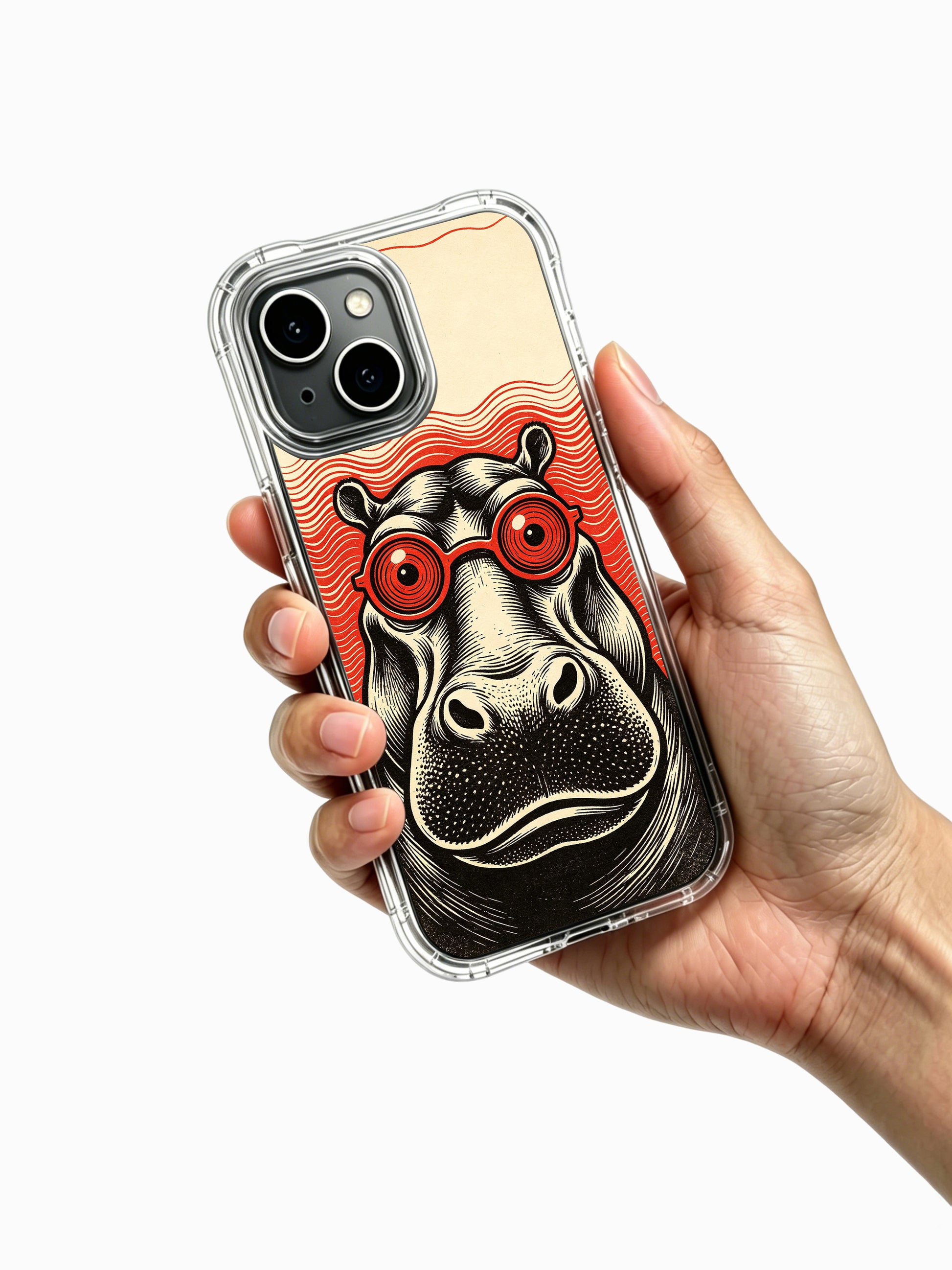 Limited-run Red Glass Calm Hippo fine art PhoneCasing iPhone 13 Case, bespoke wearable art cover customized for US psychedelic art and vintage poster enthusiast shoppers.