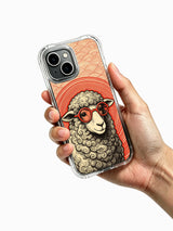 Red-glasses poet sheep portrait artwork on an iPhone 13 case