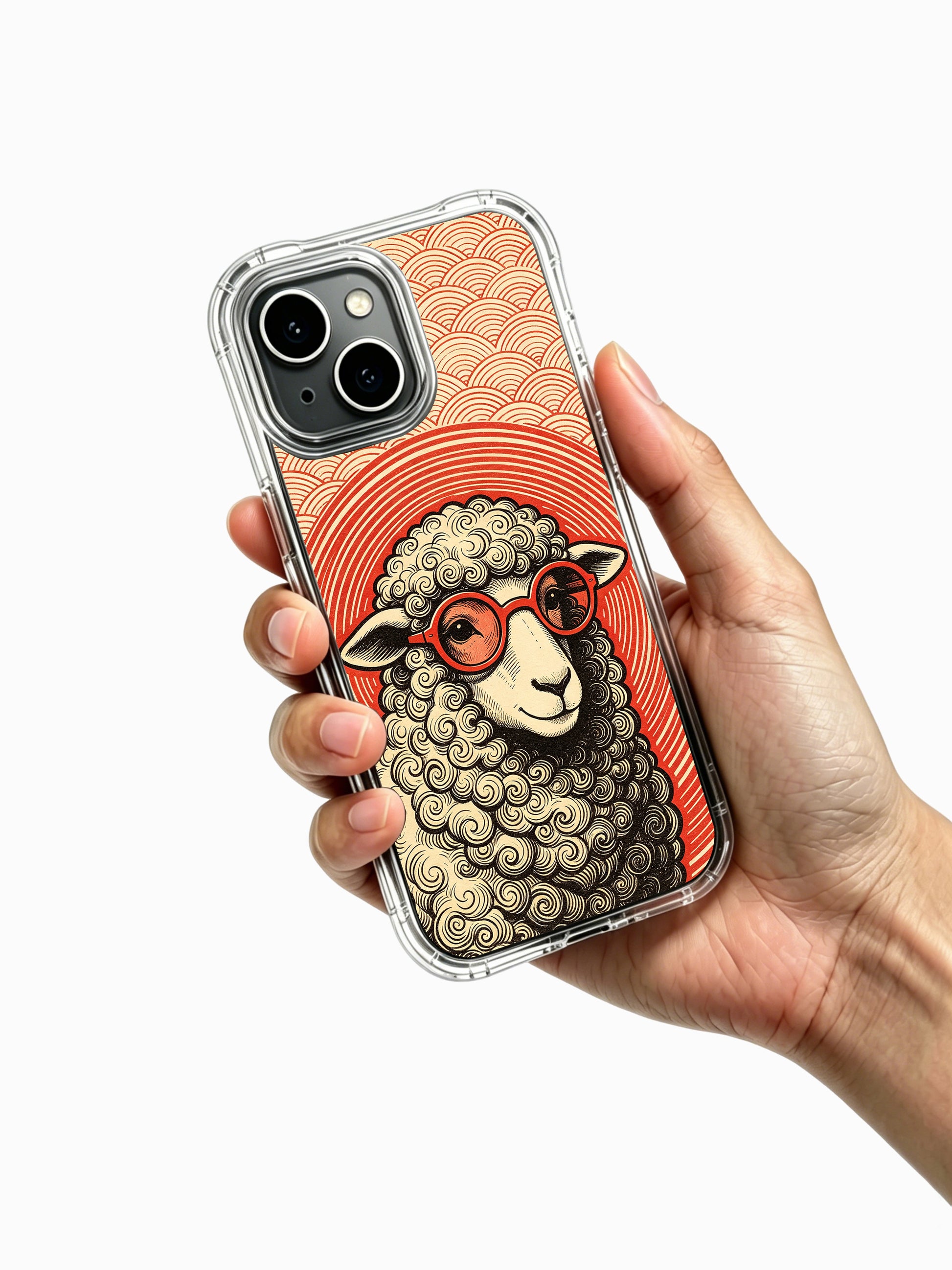 Limited-run Red Lens Poet Sheep fine art PhoneCasing iPhone 13 Case, bespoke wearable art cover customized for US psychedelic art and vintage poster enthusiast shoppers.