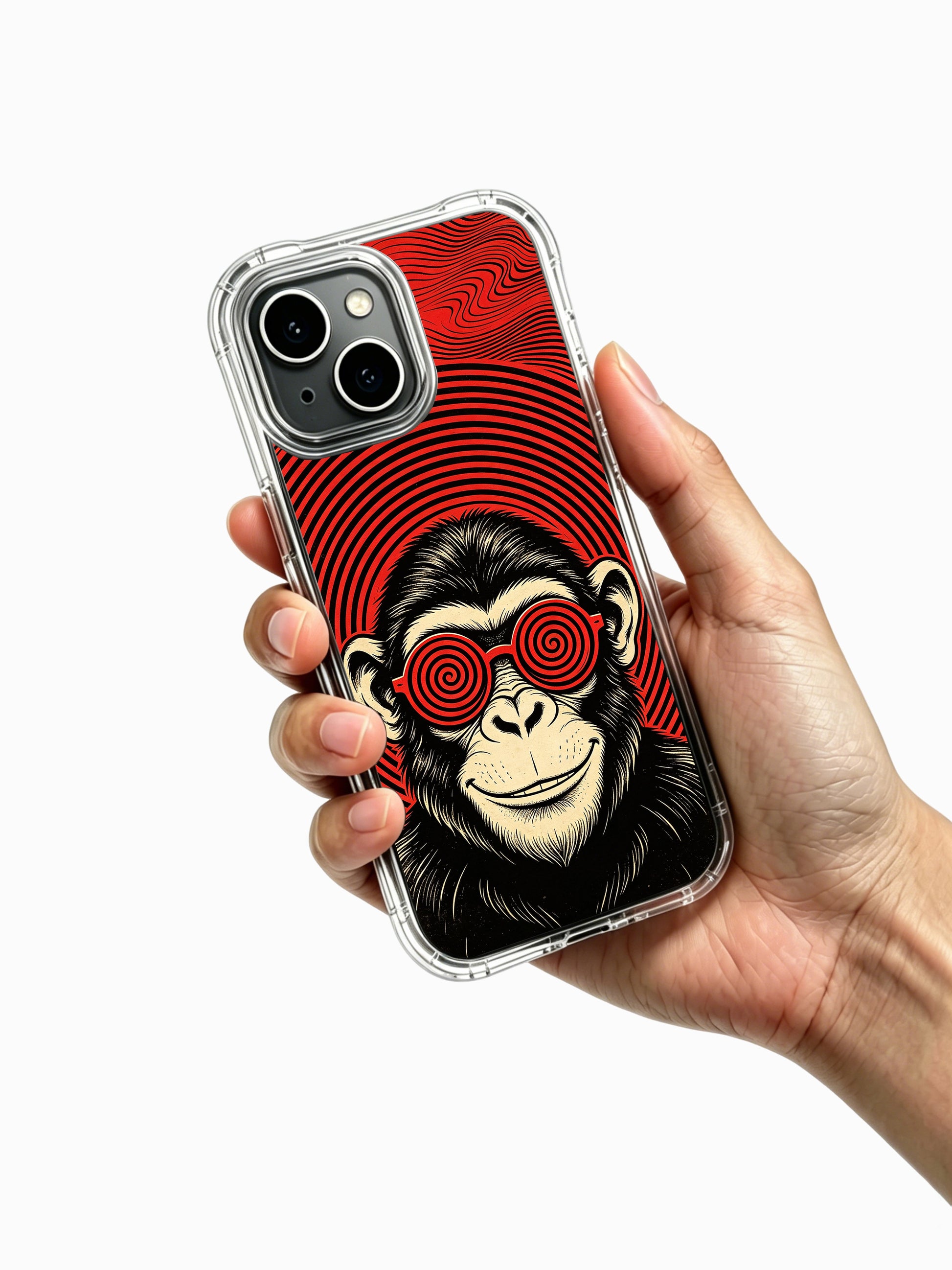 Limited-run Red Lens Mischief Chimp fine art PhoneCasing iPhone 13 Case, bespoke wearable art cover customized for US psychedelic art and vintage poster enthusiast shoppers.