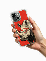 Red-glasses rhinoceros portrait on an iPhone 13 case