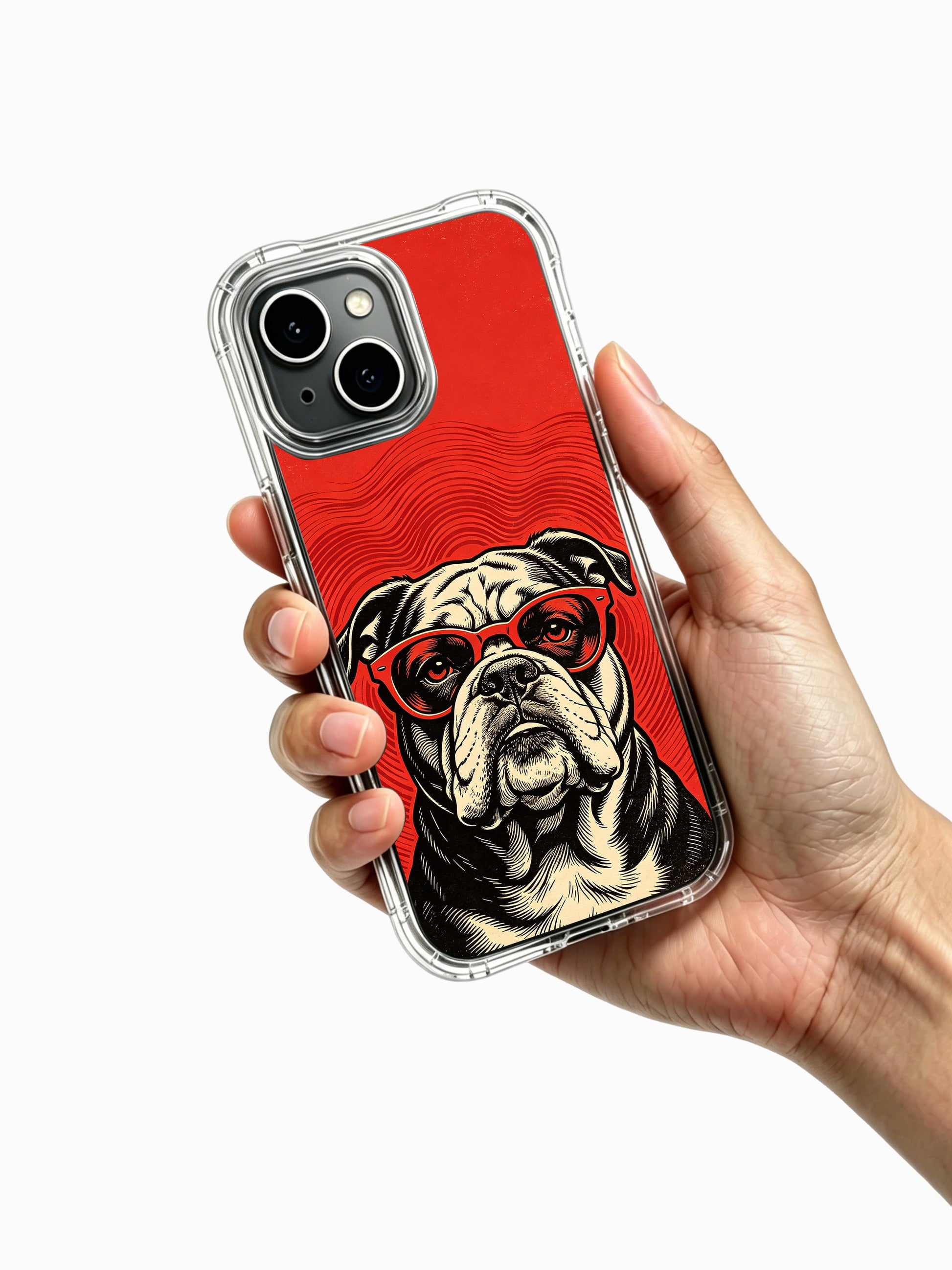 Limited-run Red Lens Retro Rock Bulldog fine art PhoneCasing iPhone 13 Case, bespoke wearable art phone cover customized for US vintage rock, animal and fine art enthusiast shoppers.