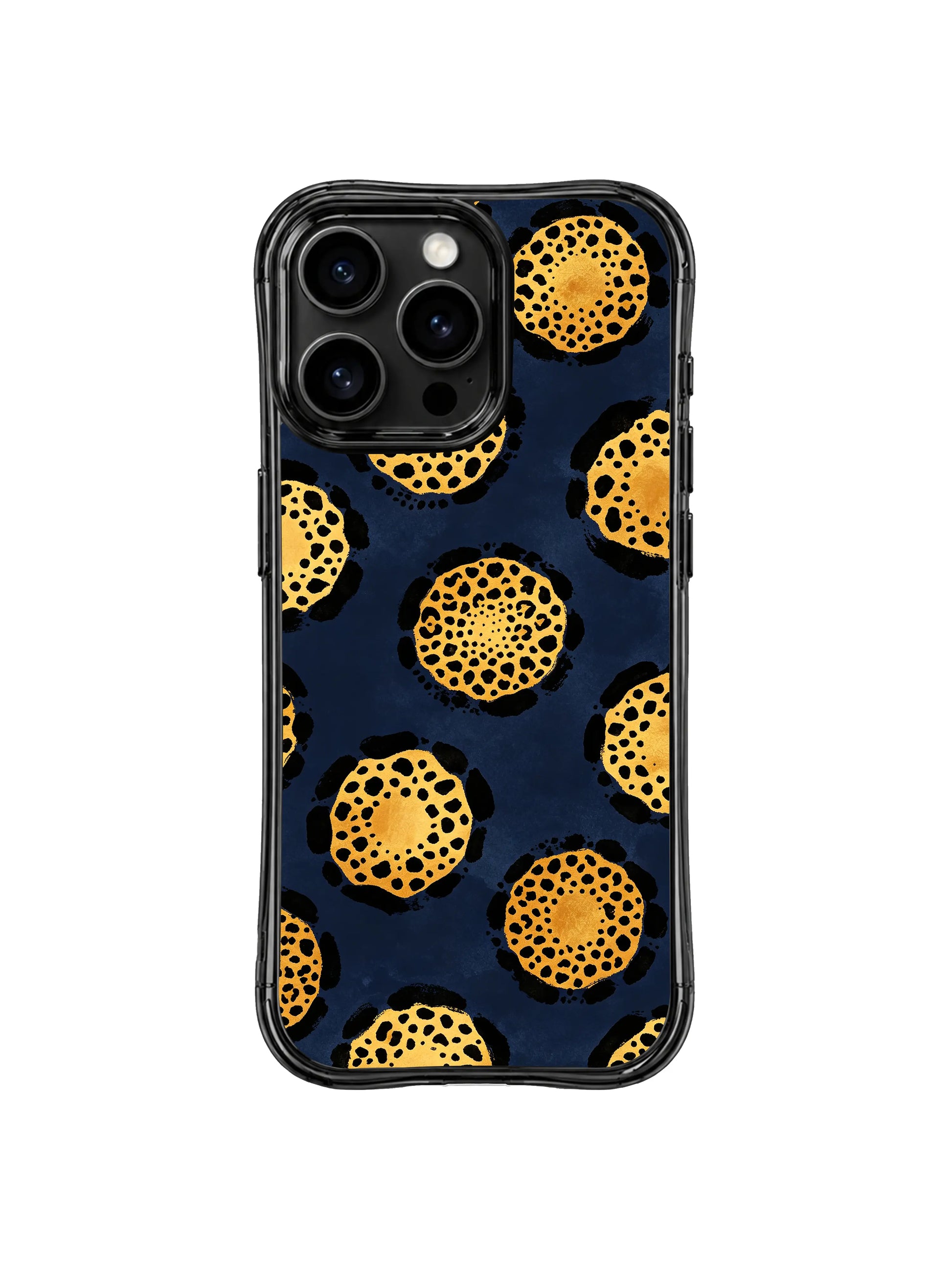 Limited exclusive artist collaboration Midnight Golden Drift navy gold leopard iPhone 14 Pro Case by PhoneCasing x Roxy Wildhart, quiet opulent wild animal print collectible fashion iPhone 14 Pro casing for mature women