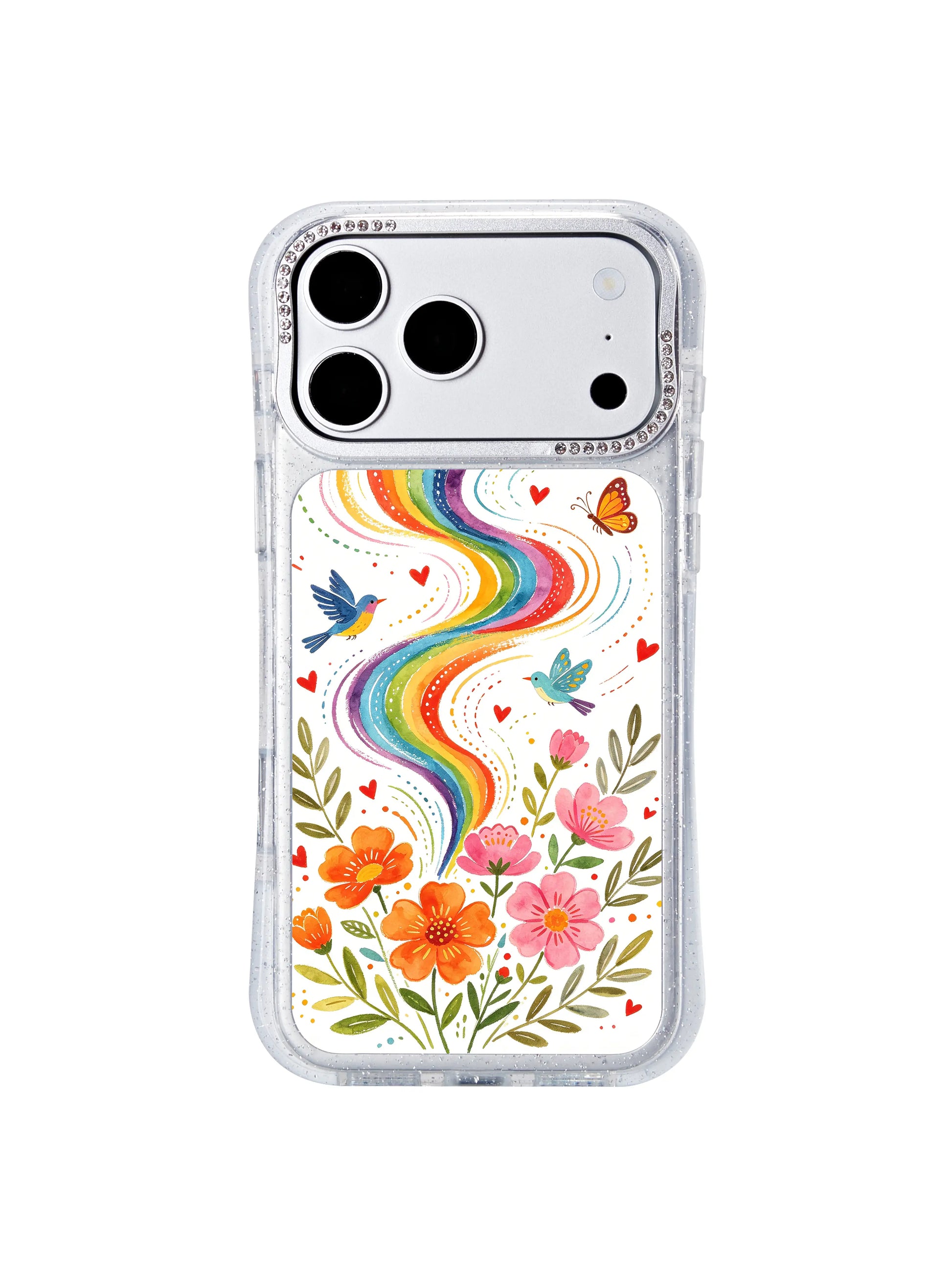 PhoneCasing artist limited-run iphone 17 pro Max case flat lay shot, full hourglass frame showcase, rotating rainbow wind motifs paired with warm-toned wildflower clusters.