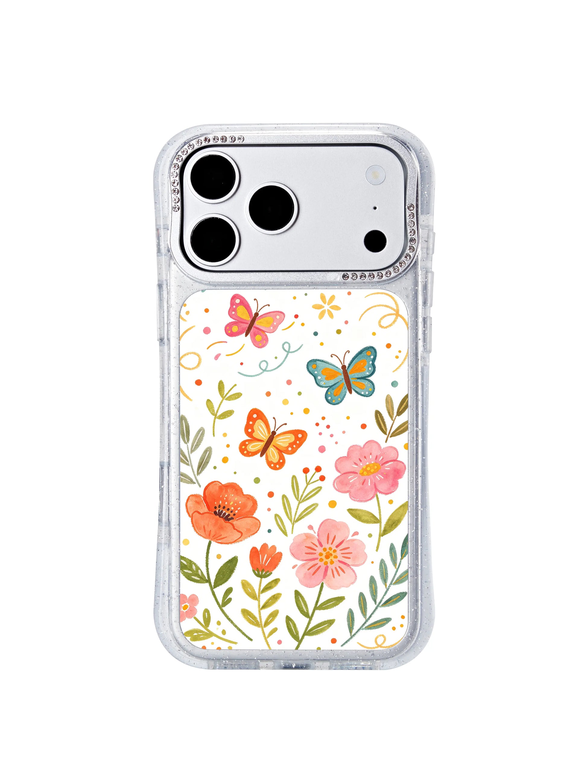 PhoneCasing limited artist run iphone 17 pro Max case flat lay overhead shot, full hourglass frame display, festive swirl celebration motifs paired with soft peach wildflower clusters and vivid butterfly illustrations.