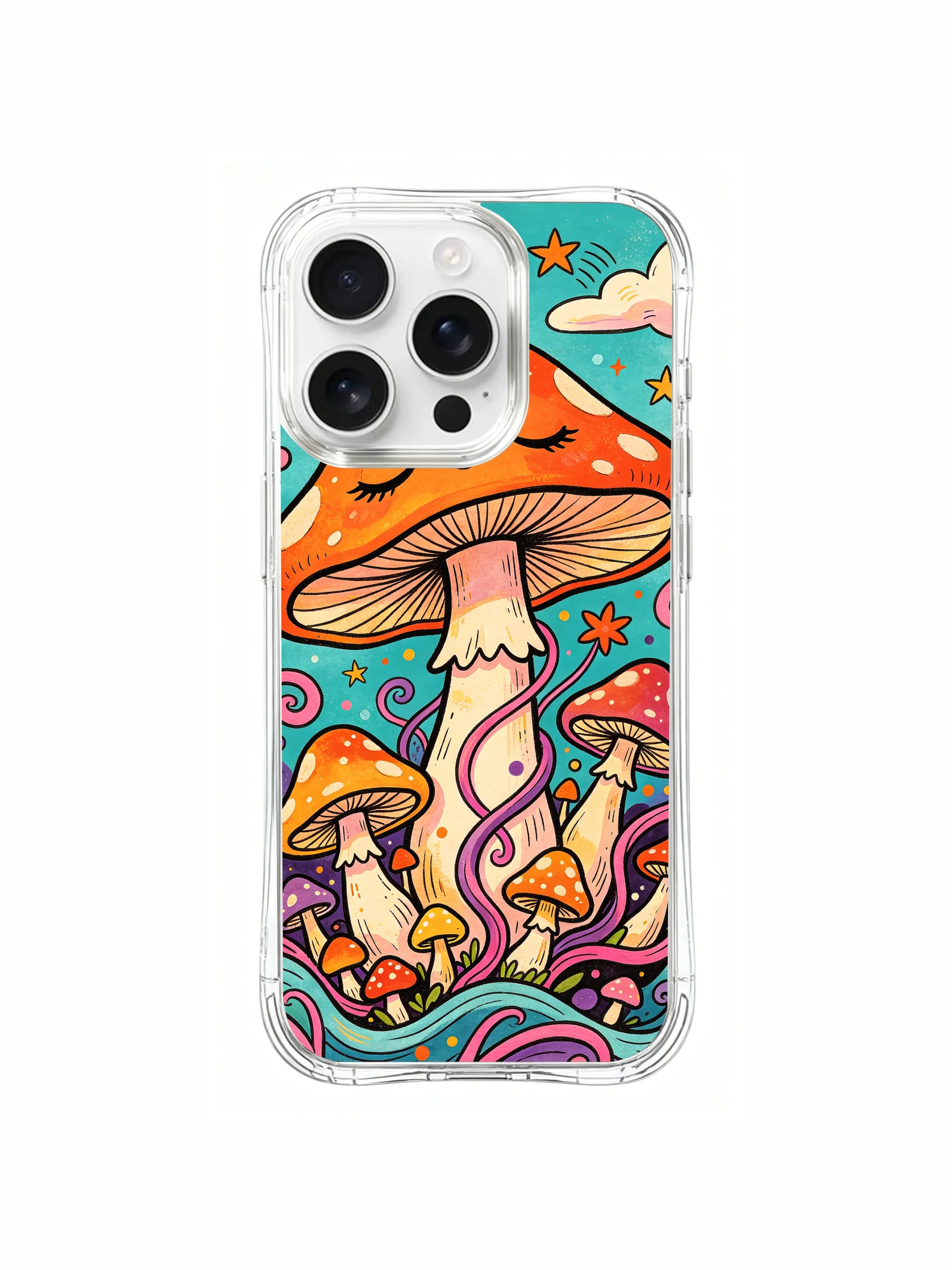 PhoneCasing iPhone 16 pro max Case, unique psychedelic folk art casing showcasing tiny red spotted baby toadstools snuggled around slumbering central orange amanita, exclusive Luna Moss limited-run fantasy art accessory casing