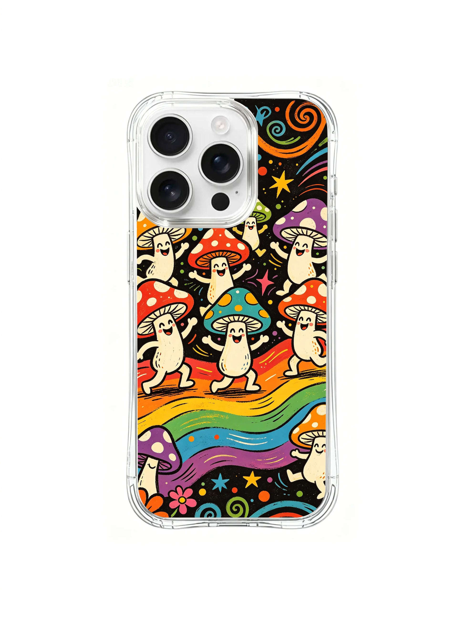 PhoneCasing iPhone 16 pro max Case, unique psychedelic folk art casing showcasing tiny red spotted fly agaric spinning between taller dancing mushroom companions, exclusive Luna Moss limited-run art accessory casing