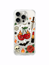 PhoneCasing iPhone 15 pro Case elongated rose petals, oversized black bat, paired shamrocks and bottom placed lipstick next to flame wrapped cherries, anti-fingerprint glossy finish protective iPhone 15 pro casing.