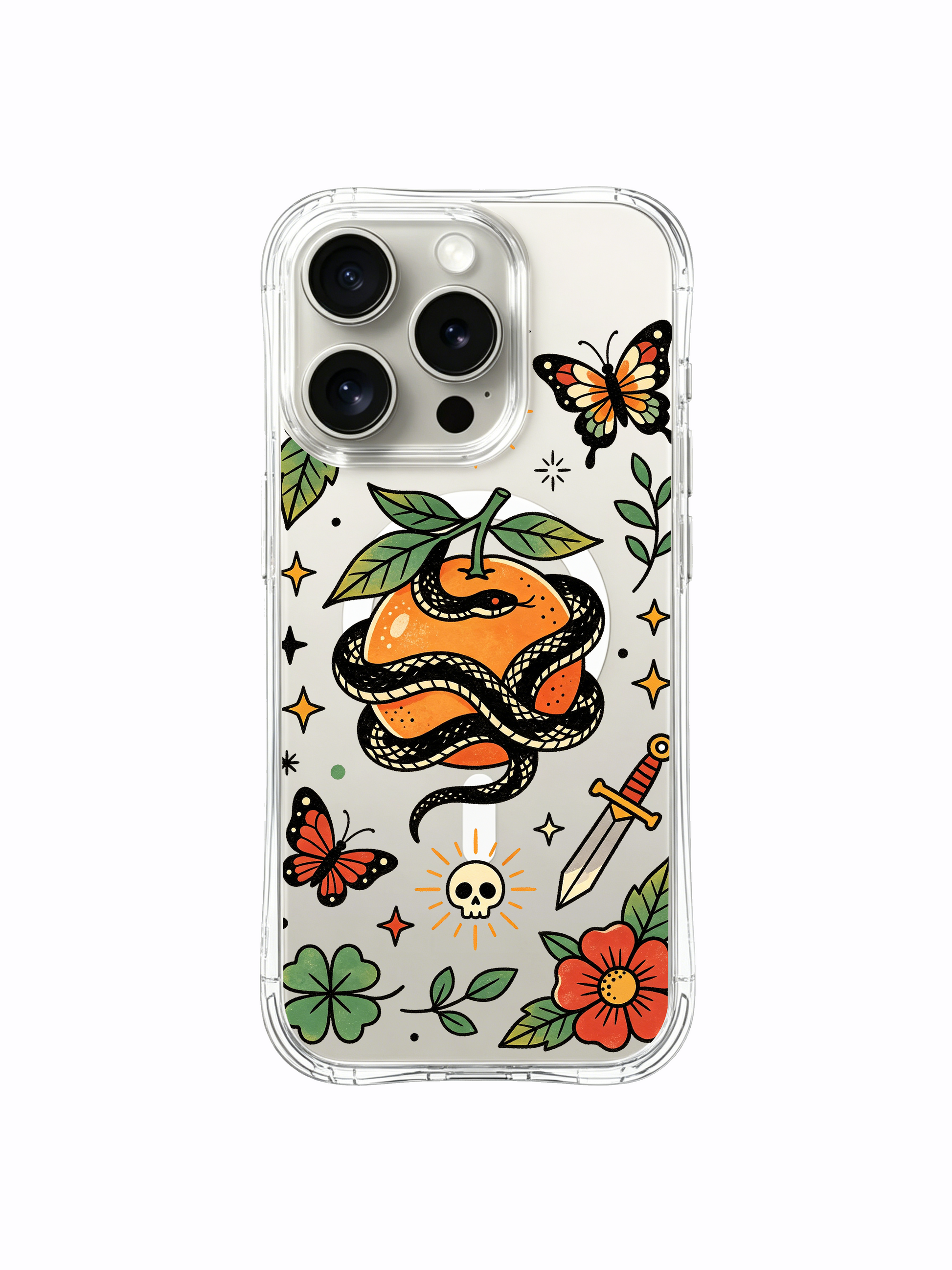 PhoneCasing iPhone 15 pro Case elongated flower petals, oversized monarch butterfly, paired shamrocks and bottom angled dagger next to wrapped orange fruit, anti-fingerprint glossy finish protective iPhone 15 pro casing.