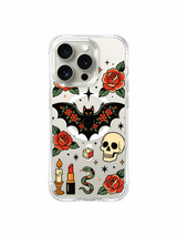 Black bat with long petals, roses and lipstick motif artwork on an iPhone 15 Pro case
