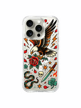 Eagle with long rose petals, clovers and dagger artwork on an iPhone 15 Pro case