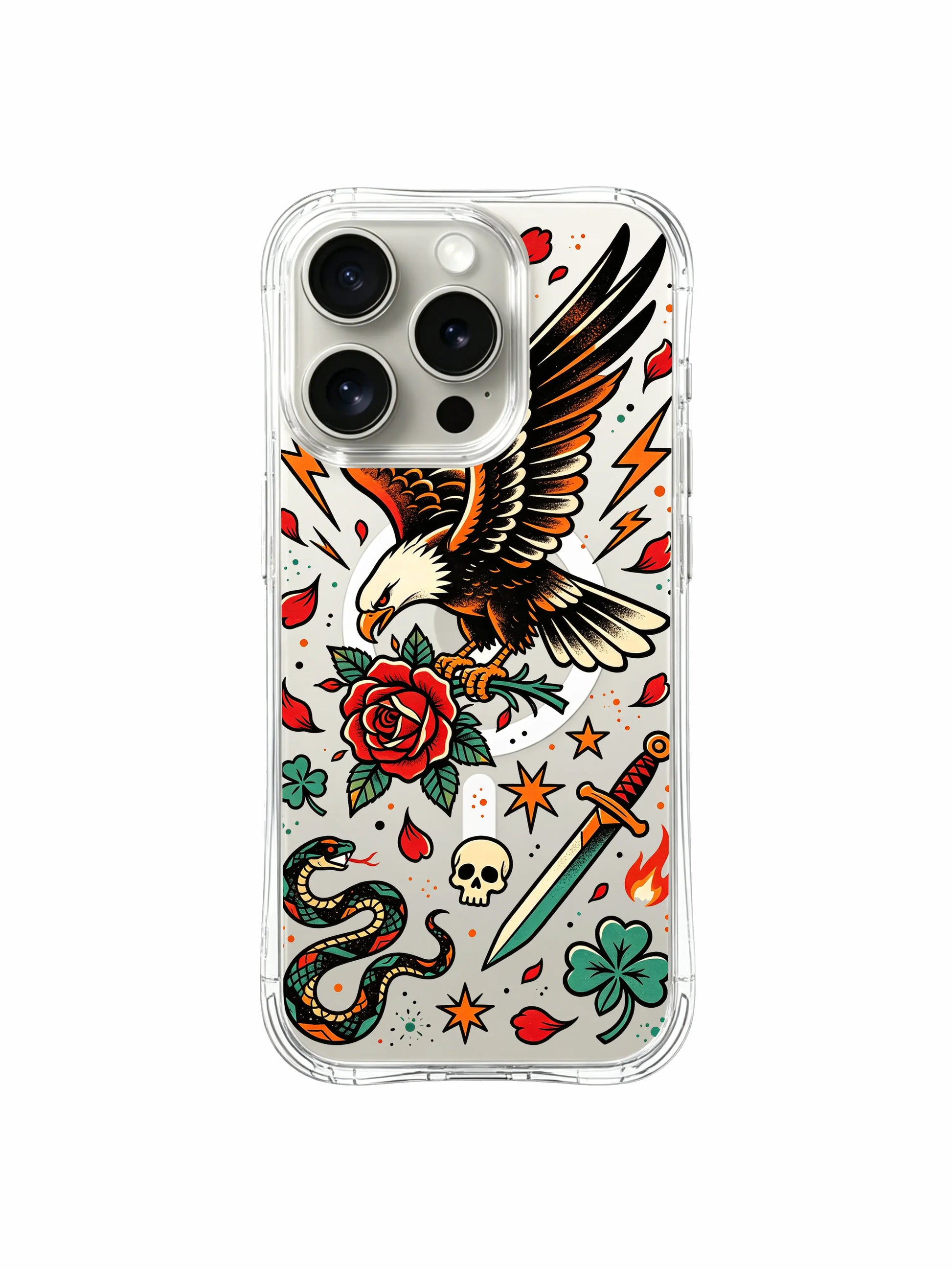 PhoneCasing iPhone 15 pro Case extra long scattered rose petals, dual shamrock foliage, bottom angled dagger beside free-flying bald eagle, anti-fingerprint glossy finish protective iPhone 15 pro casing.