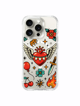 PhoneCasing iPhone 15 pro Case elongated rose petals, full spread winged heart, paired shamrocks and bottom balloon detail next to fire cherries, anti-fingerprint glossy finish protective iPhone 15 pro casing.
