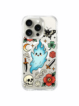 Ghost with spreading smoke, two blooms and lower crescent artwork on an iPhone 15 Pro case