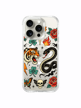 Tiger and serpent duel with spreading smoke, roses, lightning and skull artwork on an iPhone 15 Pro case