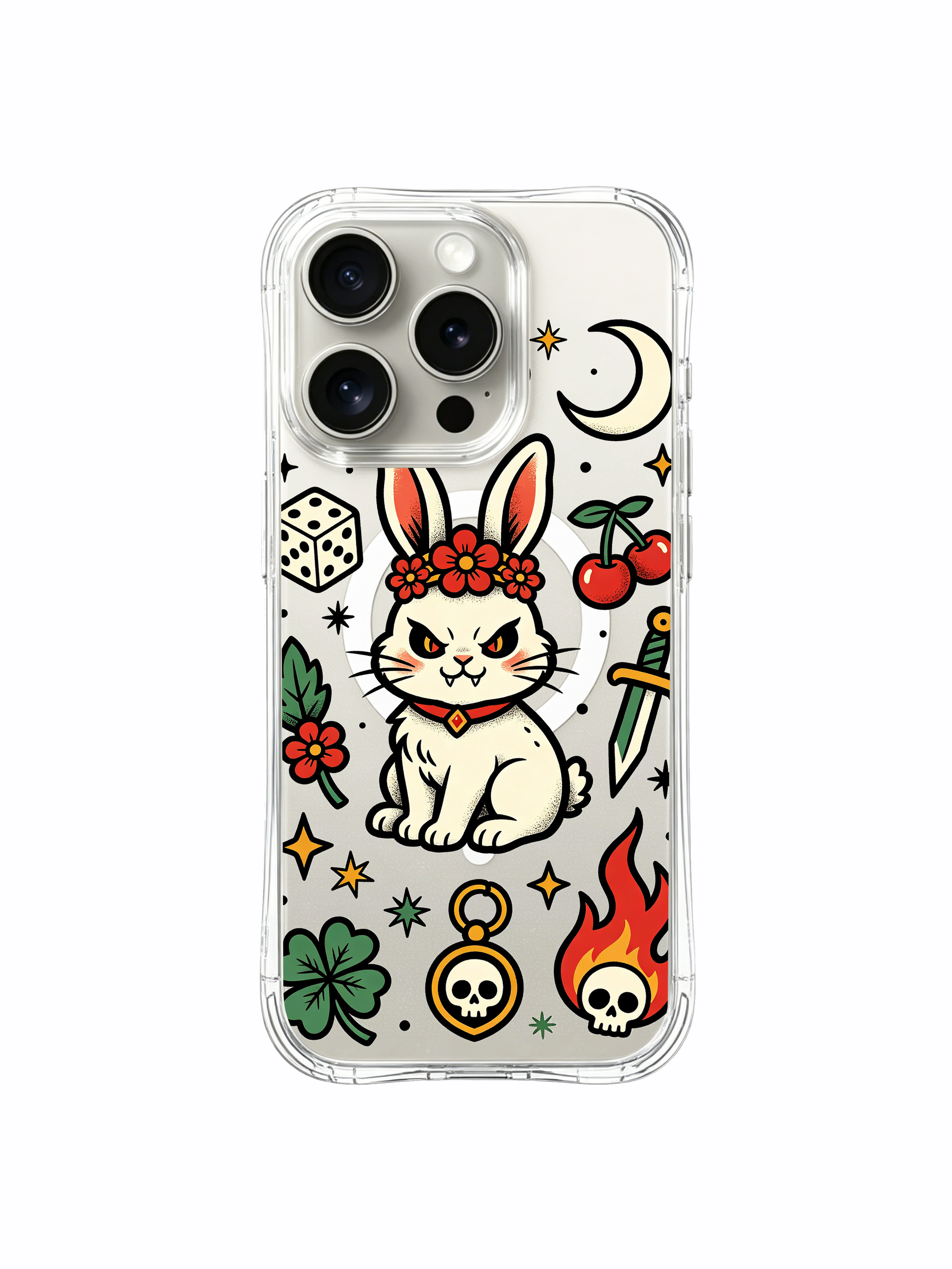 PhoneCasing iPhone 15 pro Case elongated multi-point star spread, full paired vintage daggers, bottom crescent moon detail next to crowned lucky rabbit, anti-fingerprint glossy finish protective iPhone 15 pro casing.