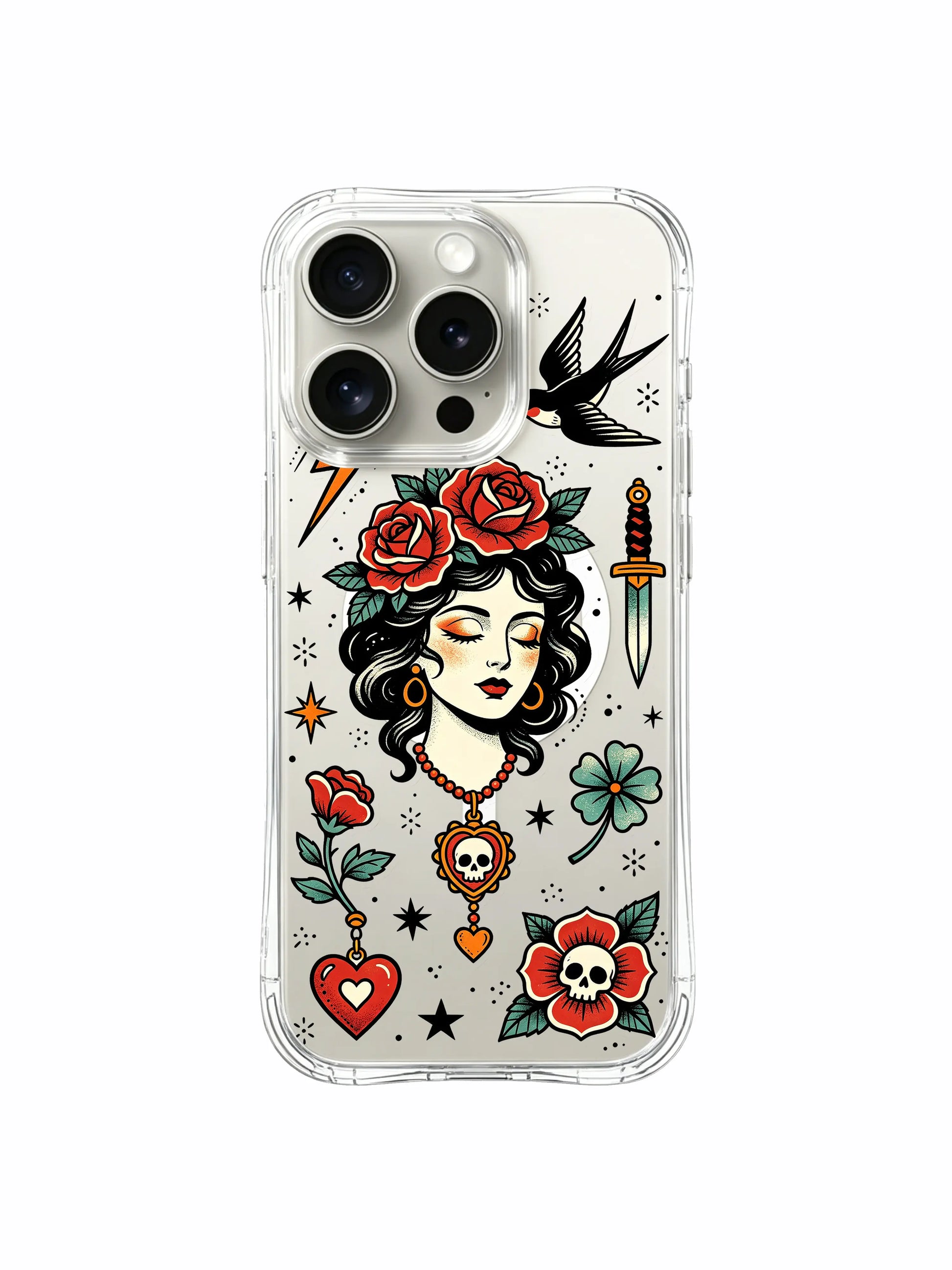 PhoneCasing iPhone 15 pro Case elongated layered star spread, full paired red roses, bottom flying swallow detail next to poised storm maiden, anti-fingerprint glossy finish protective iPhone 15 pro casing.