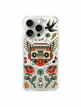 Winged radio with long stems, roses and clovers artwork on an iPhone 15 Pro case