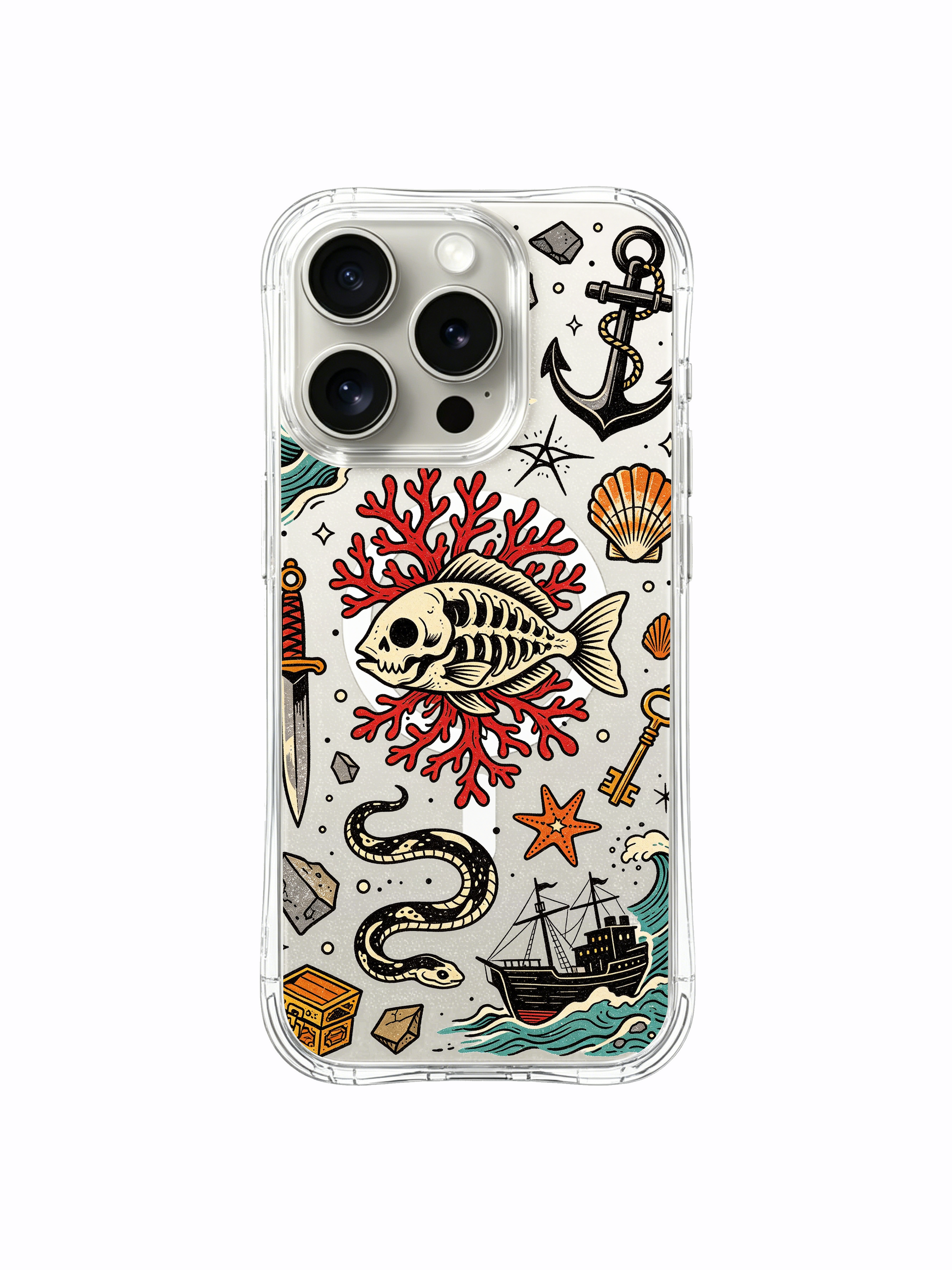 PhoneCasing iPhone 15 pro Case elongated layered ocean waves, oversized spread ship anchor, paired red starfish and bottom skeleton key next to coral skull fish, anti-fingerprint glossy finish protective iPhone 15 pro casing.