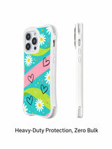 PhoneCasing iPhone 16 pro Case with organic rough black sketch heart doodles and multi-toned tiny speckle dot splatters scattered across pastel streak layout, part of Ruby Daze collection, UV-printed wavy art casing.