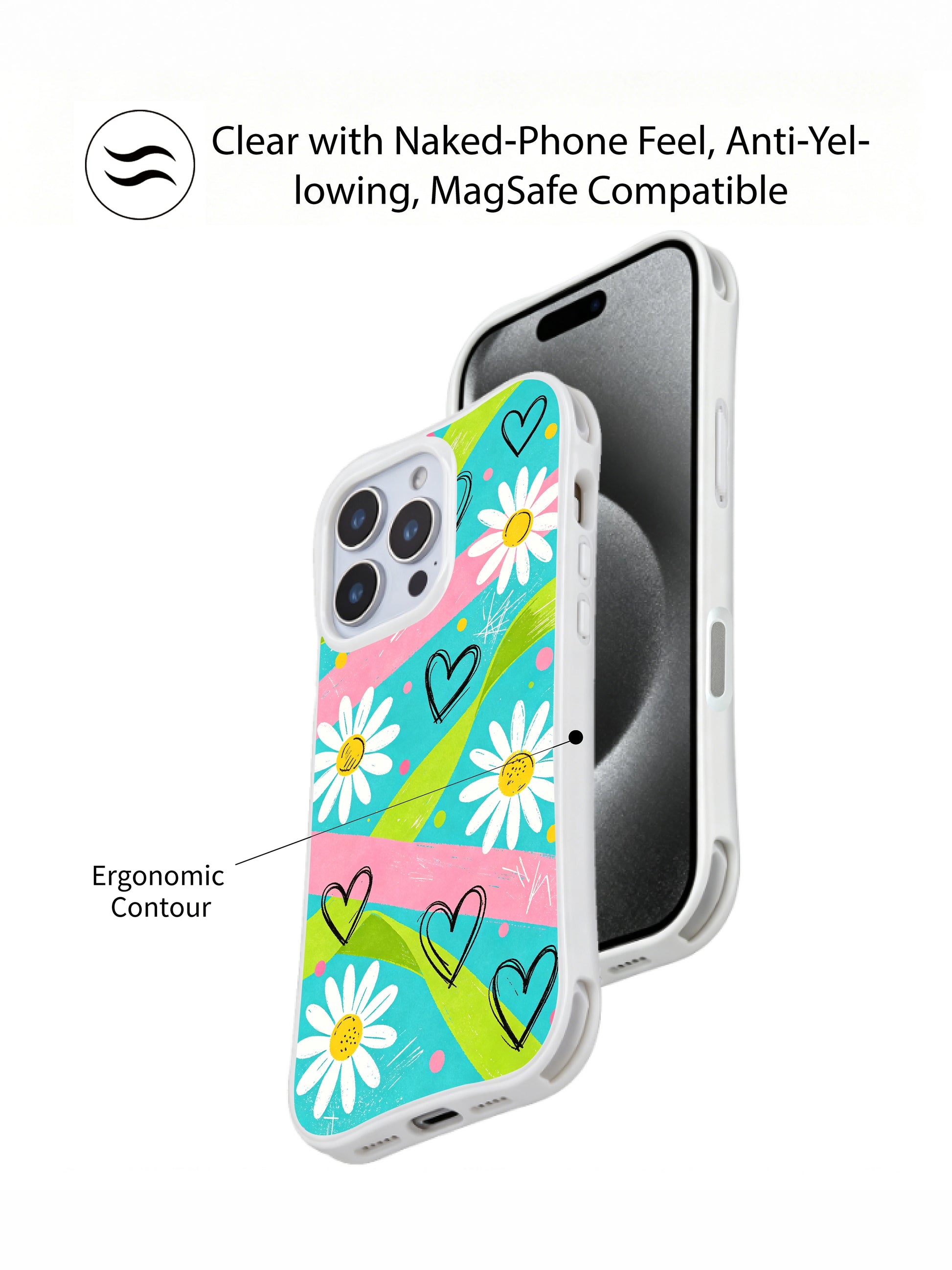 PhoneCasing iPhone 16 pro Case with organic rough black sketch heart doodles and multi-toned tiny speckle dot splatters scattered across pastel streak layout, part of Ruby Daze collection, fade resistant wavy art casing.
