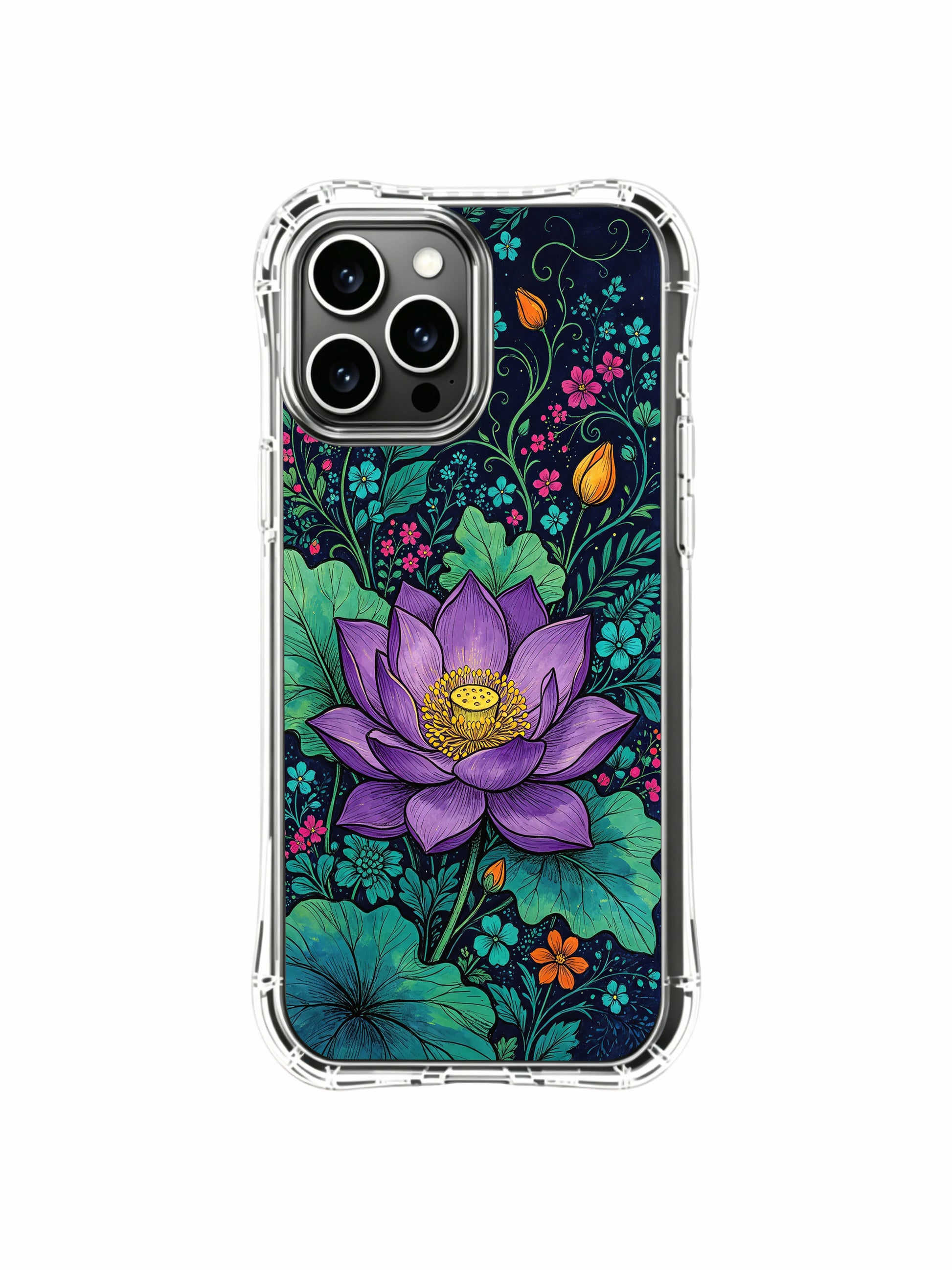 PhoneCasing iPhone 16 Pro Max Case with a stunning lotus flower art design. Midnight garden theme from Elias Nocturne’s collection, protective slim case for your iPhone.
