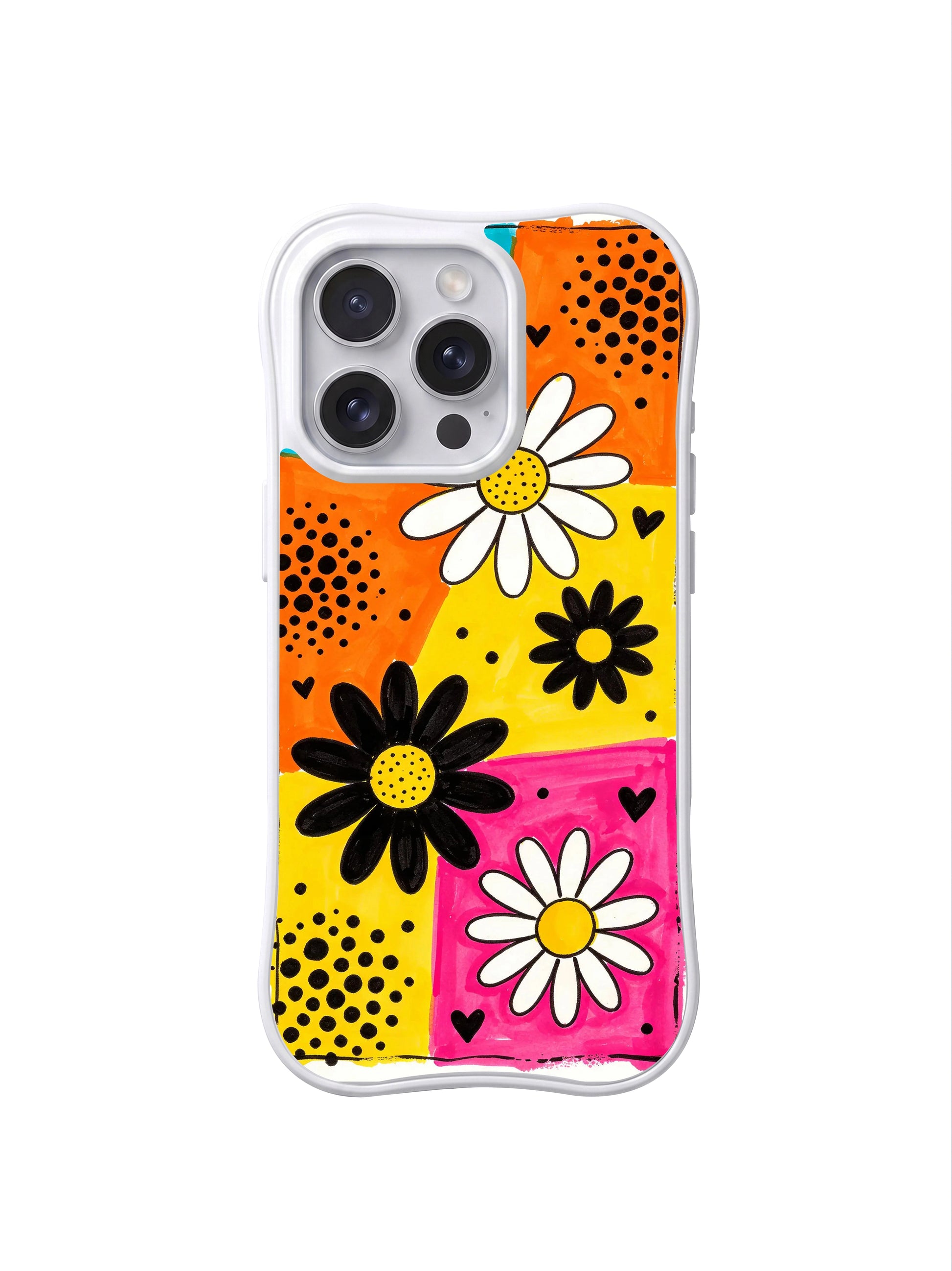 PhoneCasing iPhone 16 pro Case with fearlessly expressive high-energy vibe bold black daisies floating across saturated retro carnival diagonal color blocks, Ruby Daze original bright street pop art, premium print casing crafted in California.