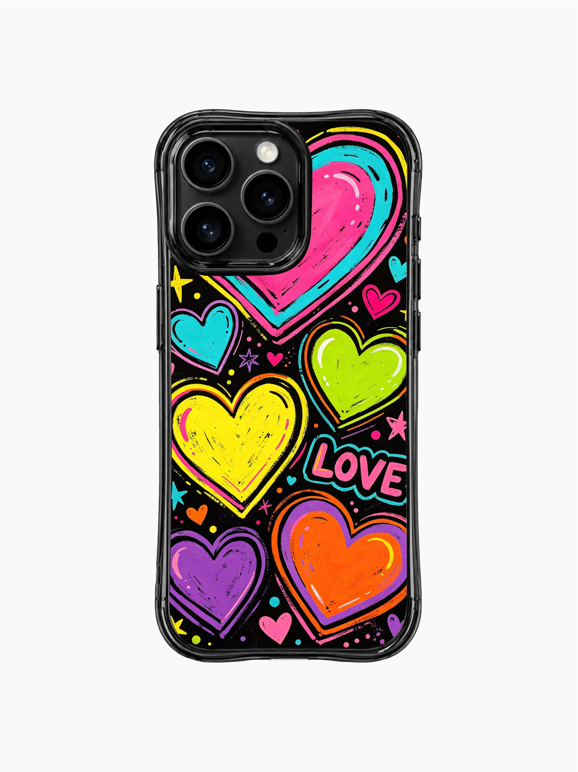 PhoneCasing Loud Love Energy iPhone 13 Pro Max casing by Nova Heartwell, full wrap bold textured crayon pop heart print, vibrant jumping neon rainbow hearts & hand drawn LOVE text, dynamic energetic romantic black base phone shell for iPhone 13 Pro Max
