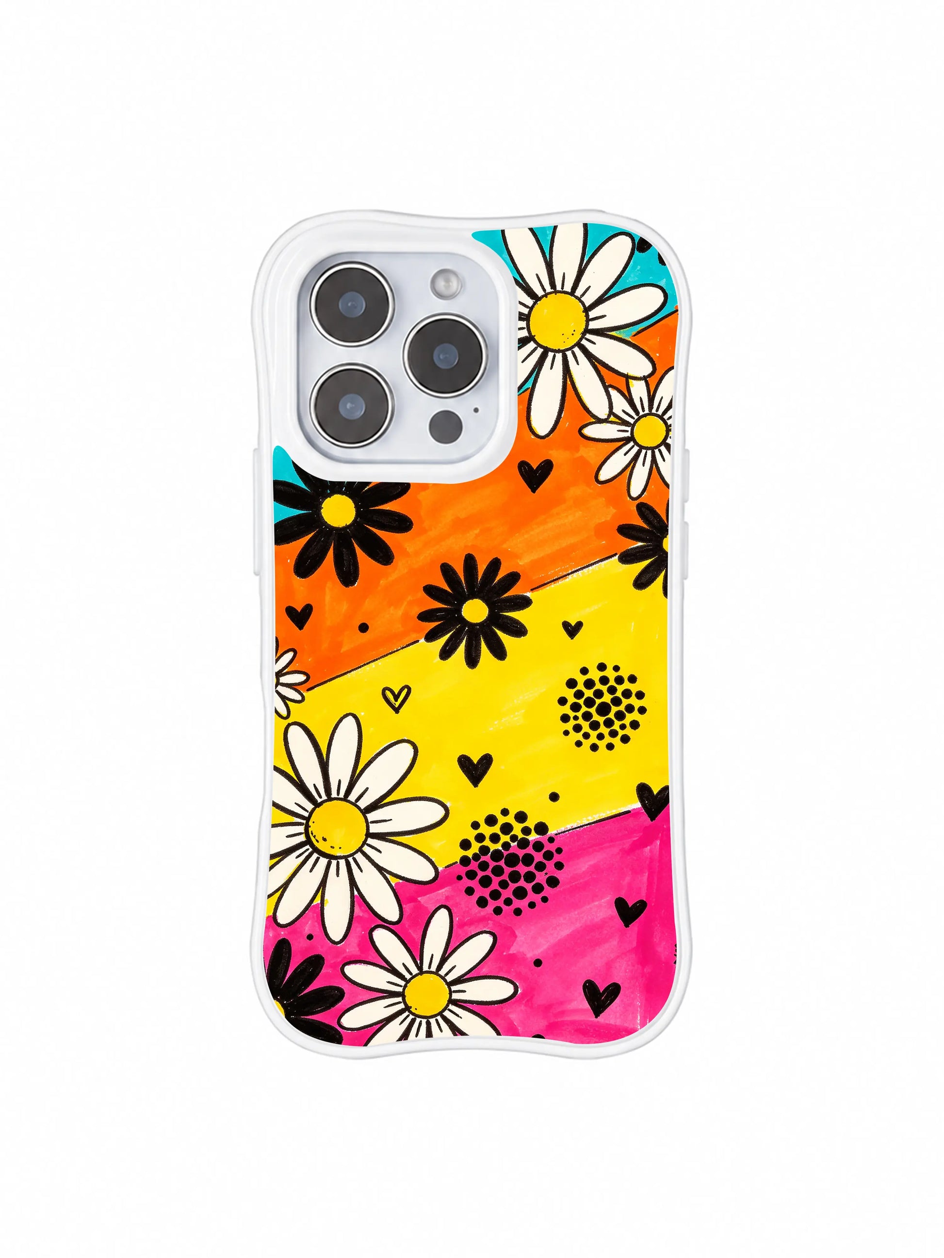 PhoneCasing iPhone 16 pro Case with fearlessly expressive high-energy vibe bold black daisies floating across saturated retro carnival diagonal color blocks, Ruby Daze original bright street pop art, premium print casing crafted in California.