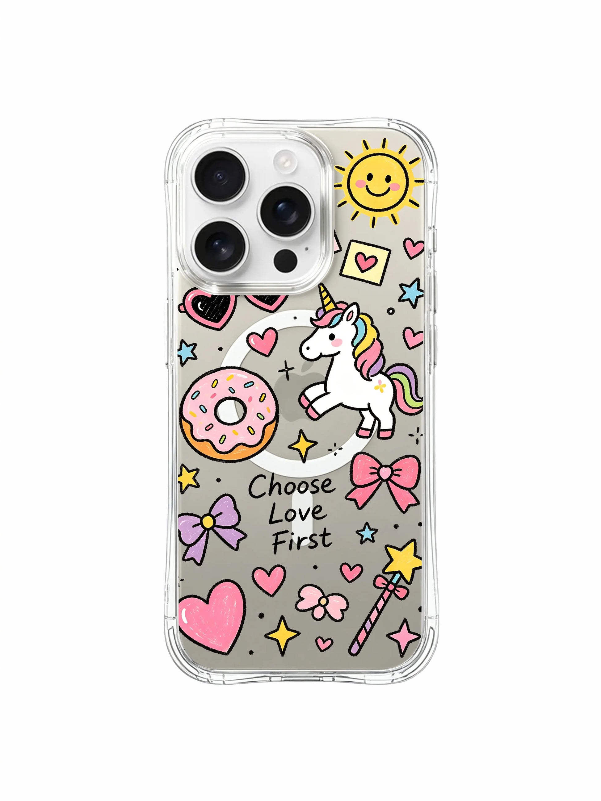 PhoneCasing iPhone 16 pro max daily drop-protective case with LOVE letter blocks, tiny unicorn and star wand vibrant sticker design.