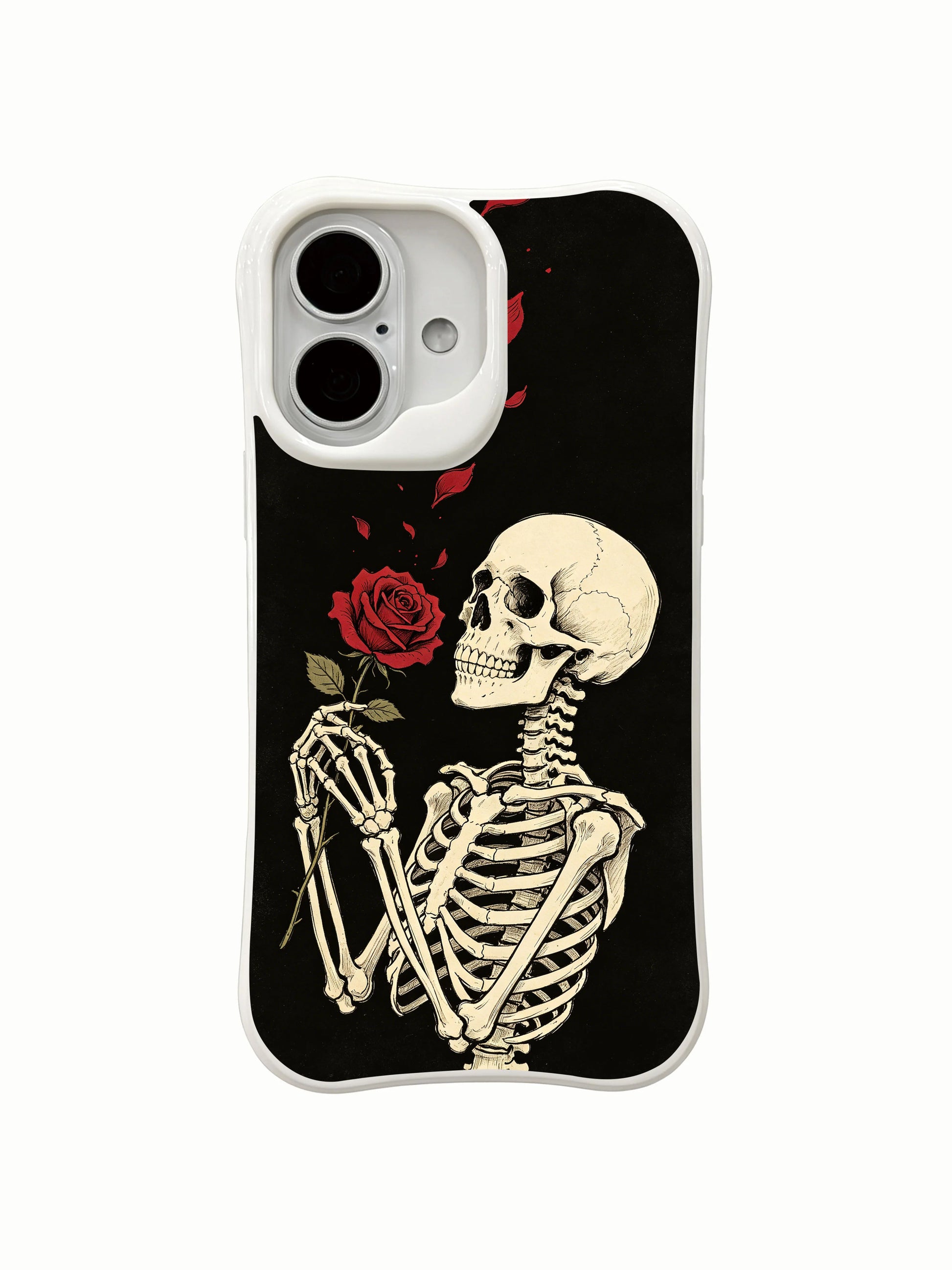 PhoneCasing Love Blooms Beyond Death goth iPhone 16 Case, dark academia skeleton illustration holding red rose amid floating petals, four-corner anti-drop reinforced casing USA-made
