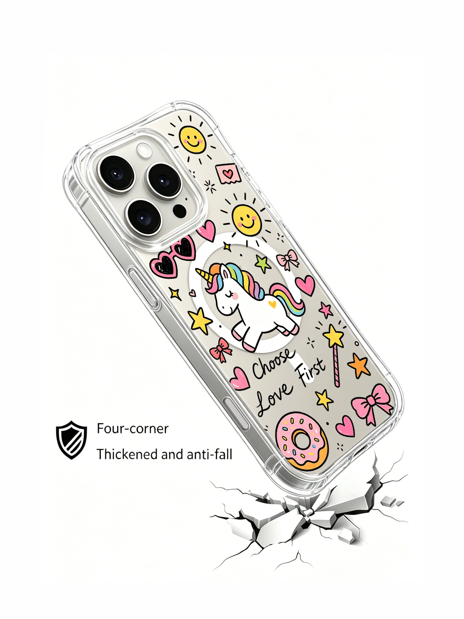 PhoneCasing iPhone 16 pro max drop-proof MagSafe case with love note stickers, tiny unicorn and smiley sun whimsical doodle design.